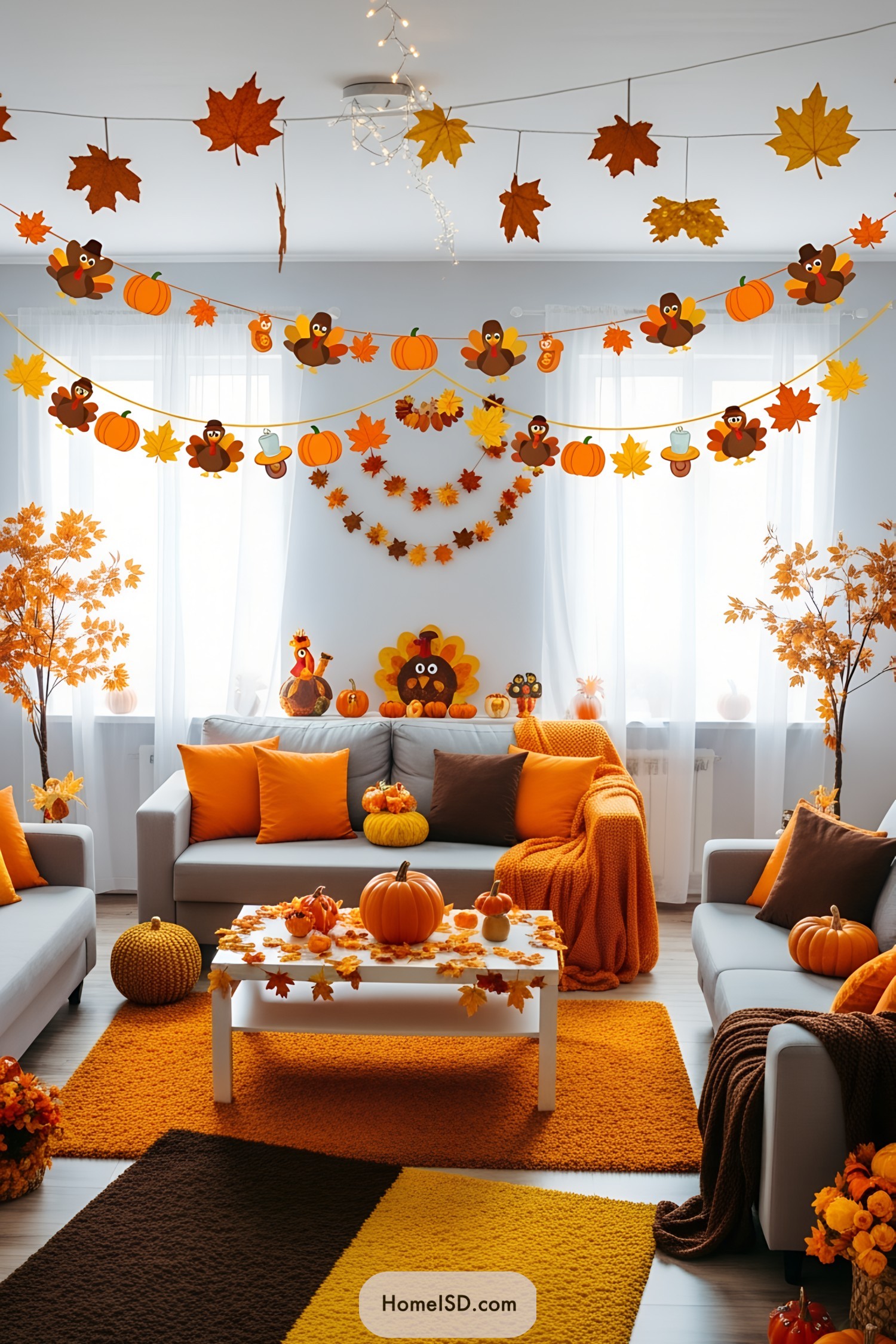 Cozy living room with vibrant autumn-themed decorations