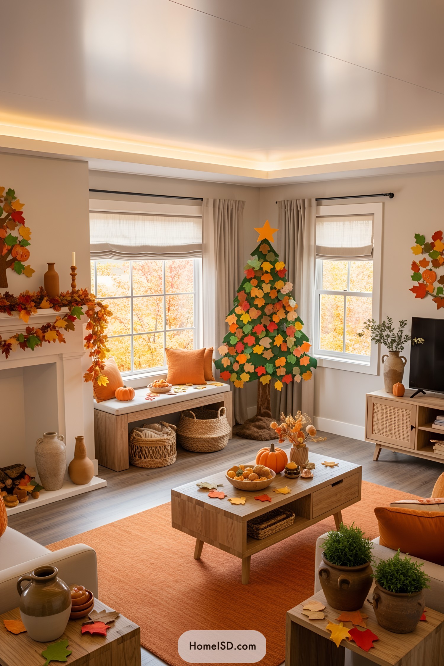 Colorful paper leaves decorate a festive Thanksgiving tree in a cozy living room