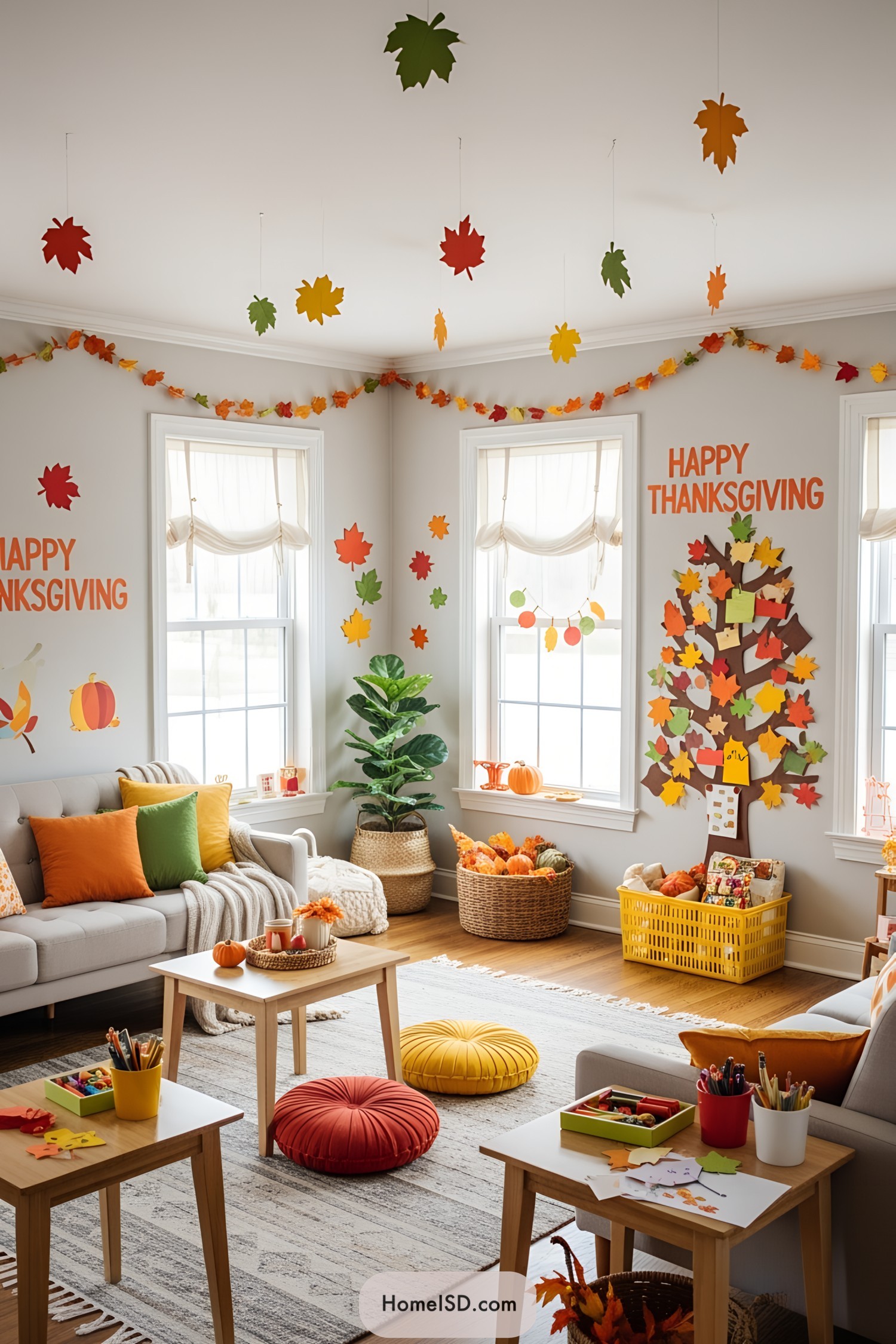 Interior of a room decorated with a Thanksgiving theme, featuring paper leaves, cushions, and a craft area