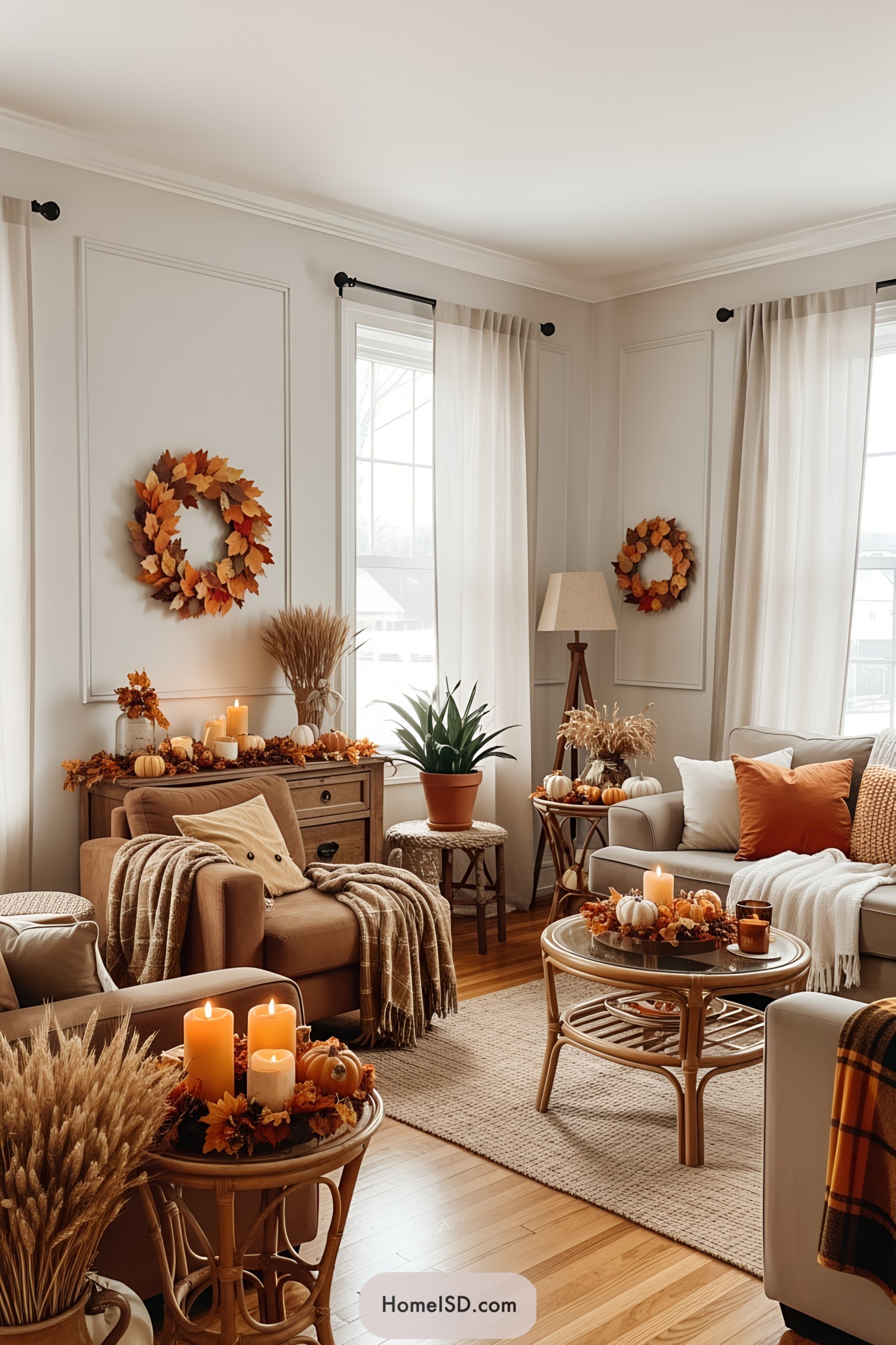 Living room with autumnal decor and wreaths