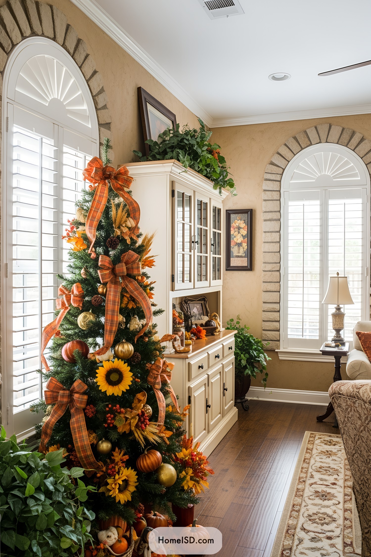 Decorated tree with sunflowers and pumpkins in a cozy living room