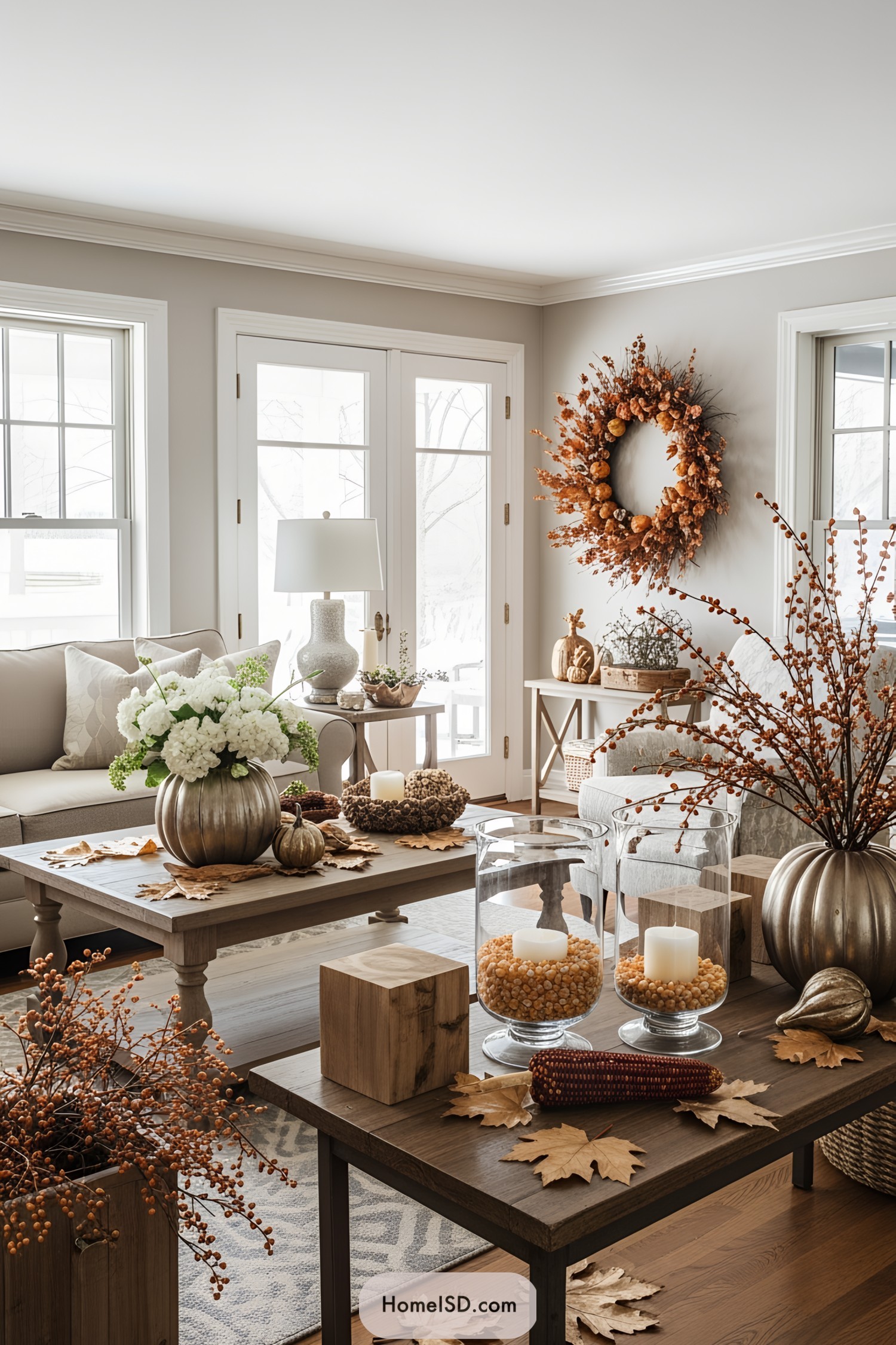Cozy living room with autumnal decorations and a large wreath on the wall