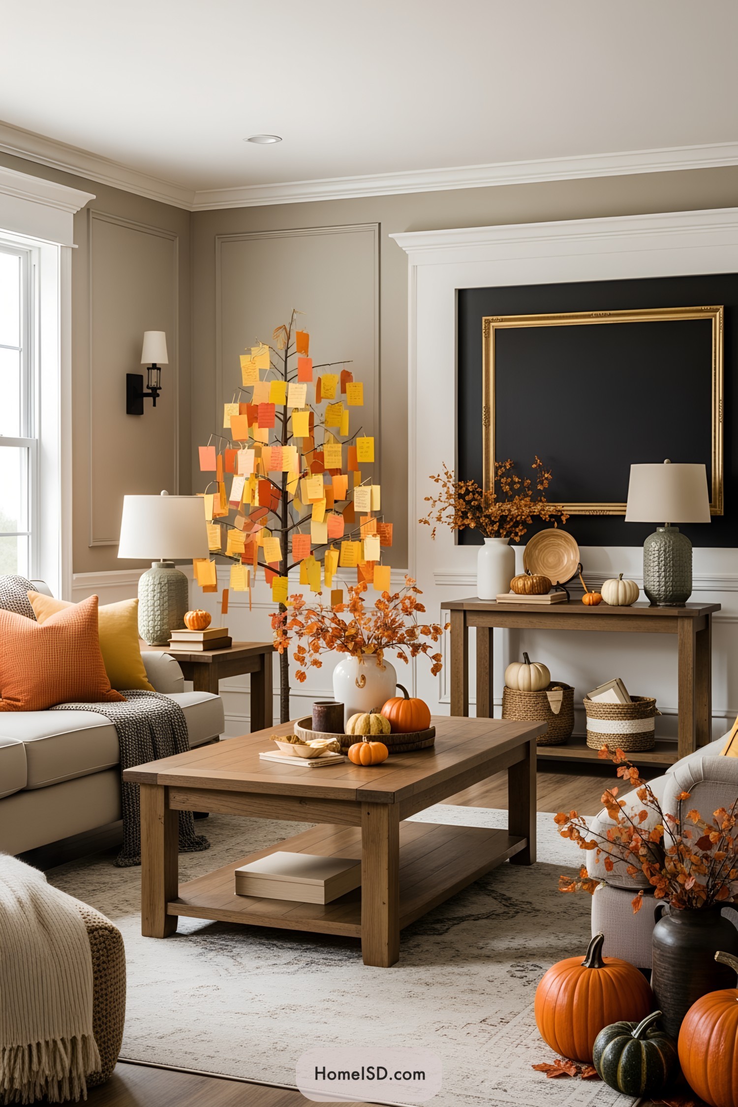 Festive autumn display with colorful note-covered tree