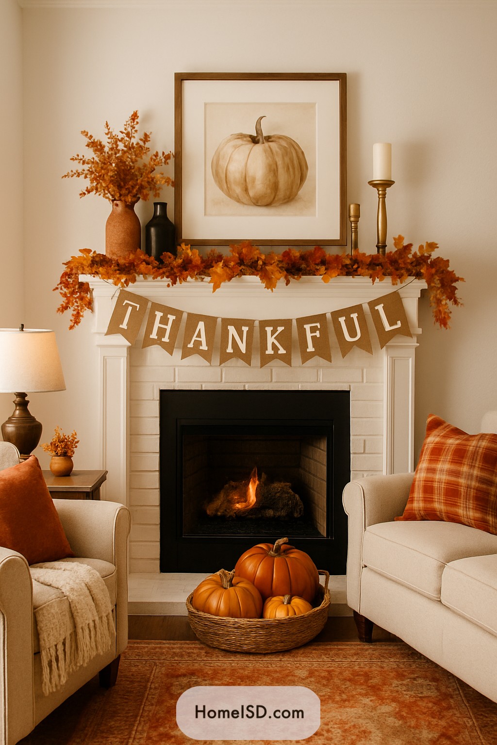 Thankful banner over a fall-decorated mantel