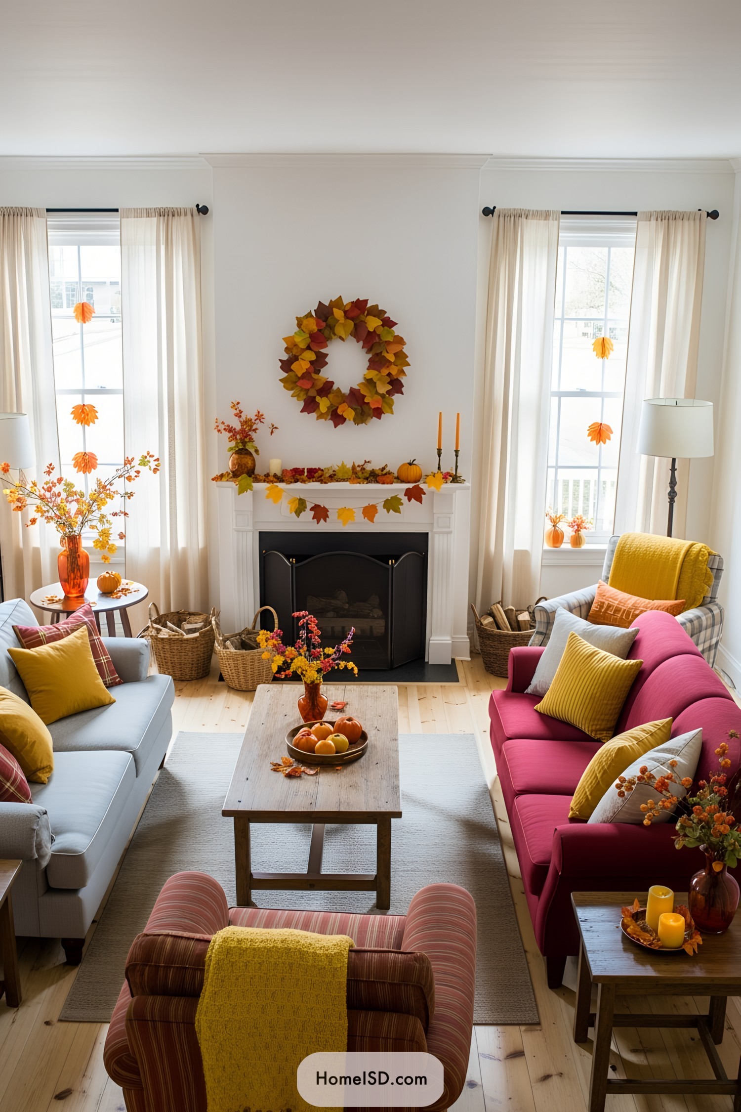 Warm cozy living room with fall-themed decorations