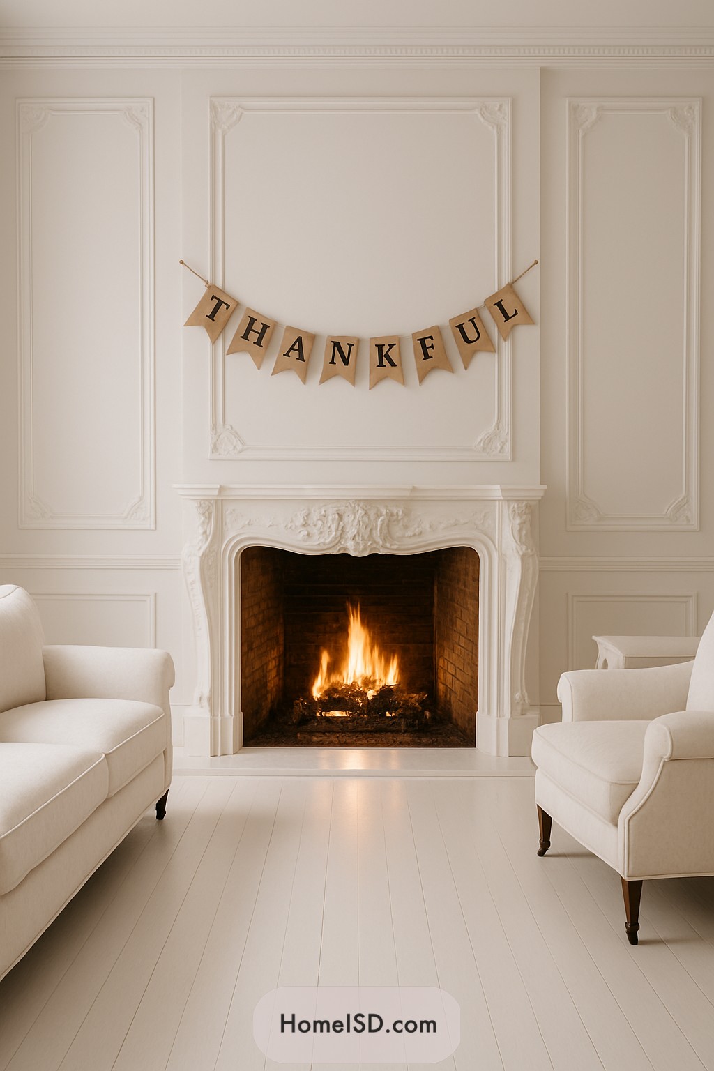 Cozy living room with a fireplace and "Thankful" banner