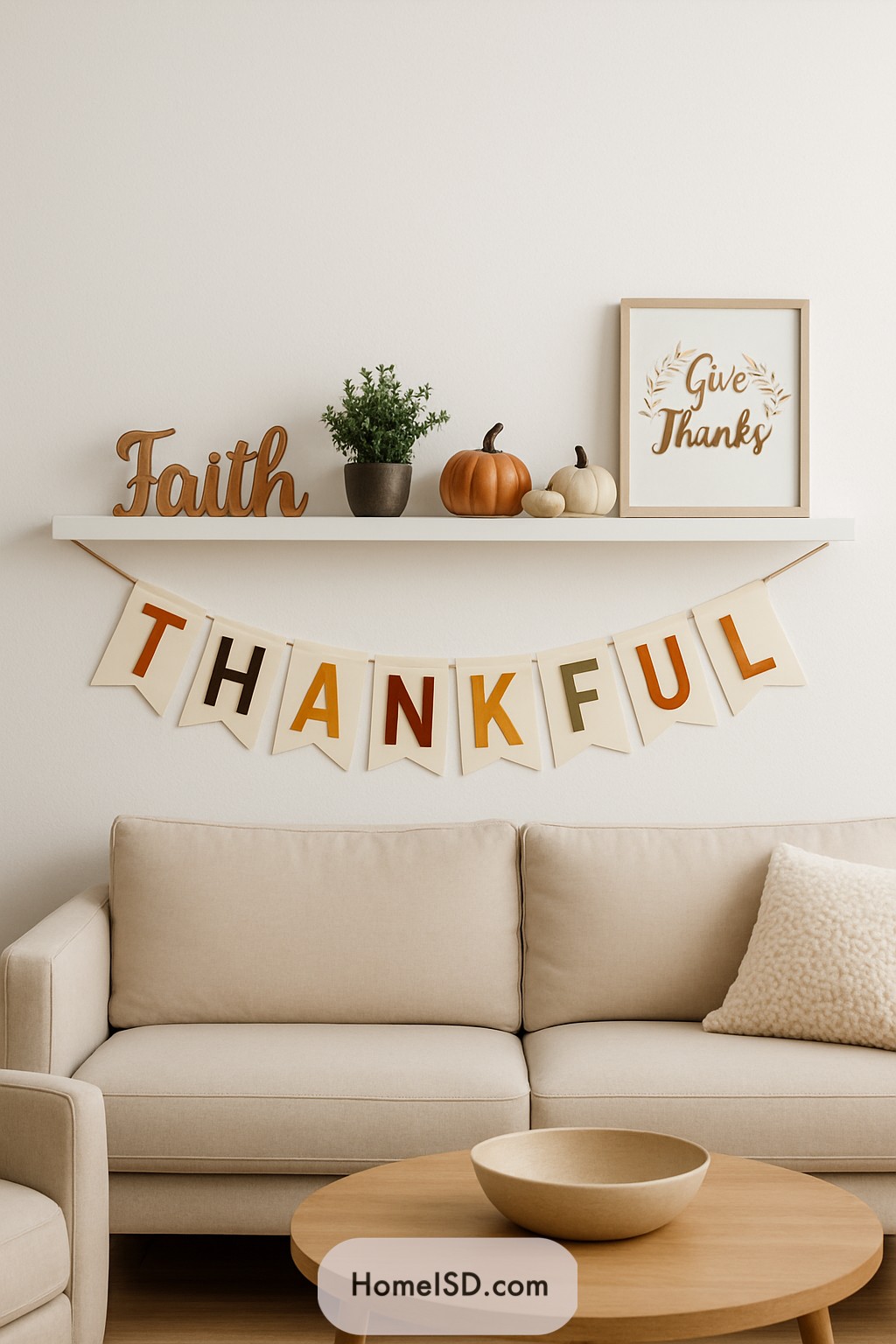 Thankful banner decor over a cozy couch