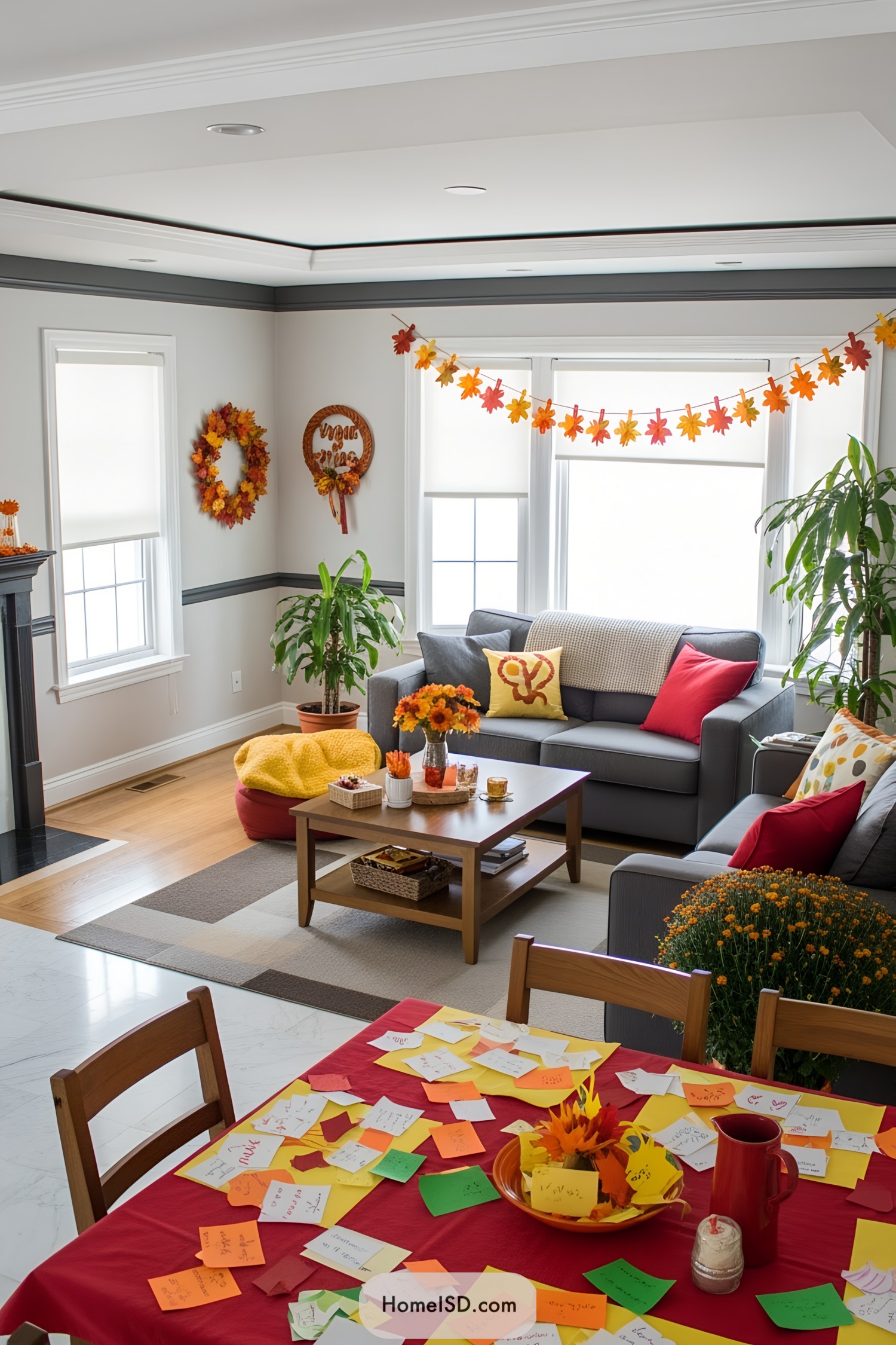 Living room with Thanksgiving wreaths and autumnal decor
