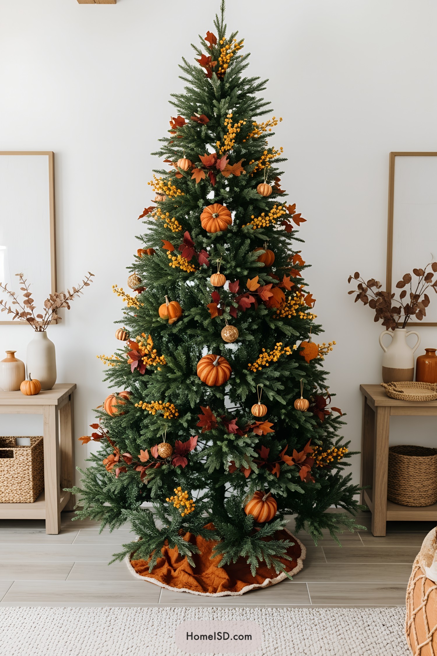 Festive tree with pumpkins and autumn leaves