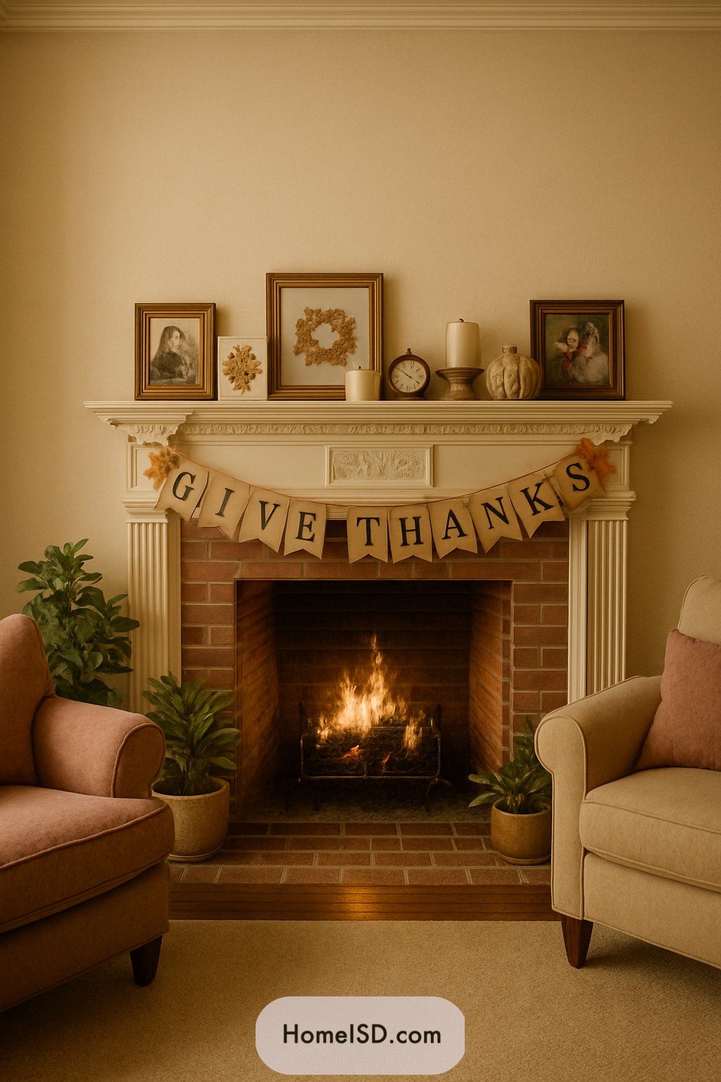Cozy fireplace with a "Give Thanks" banner and autumn decor