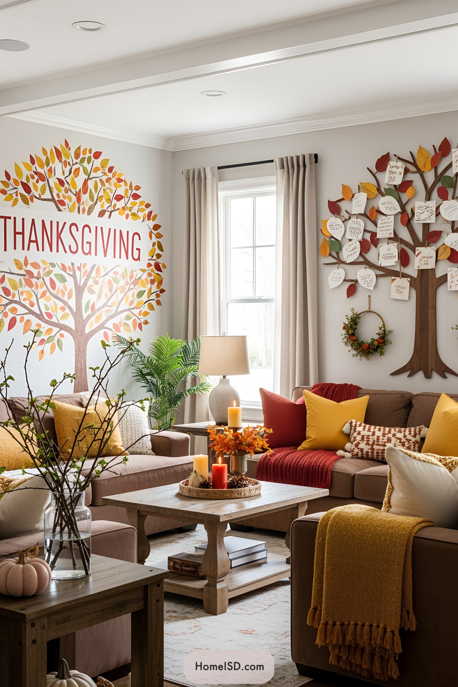 Cozy living room with Thanksgiving tree decor and autumn accents