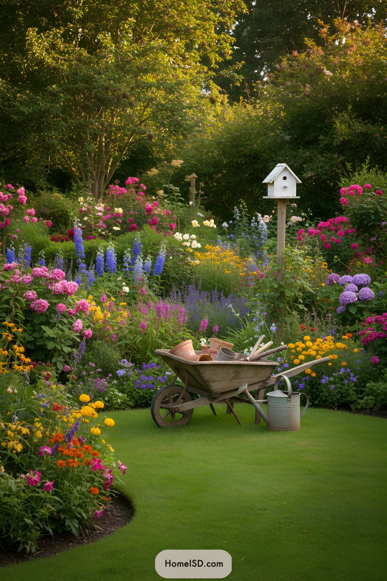 Lush garden with colorful flowers and a birdhouse