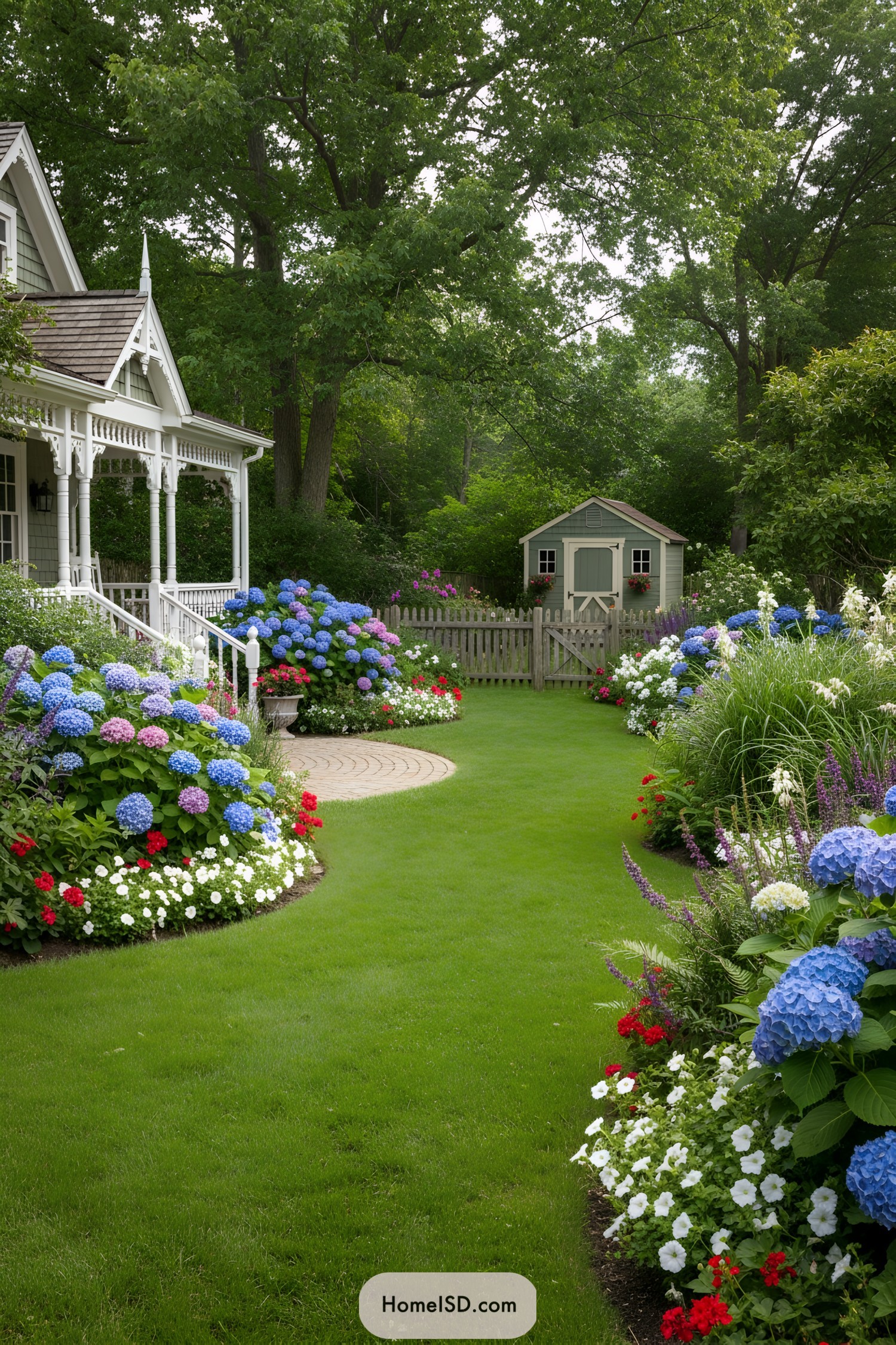 Colorful flower garden with hydrangeas and lush greenery
