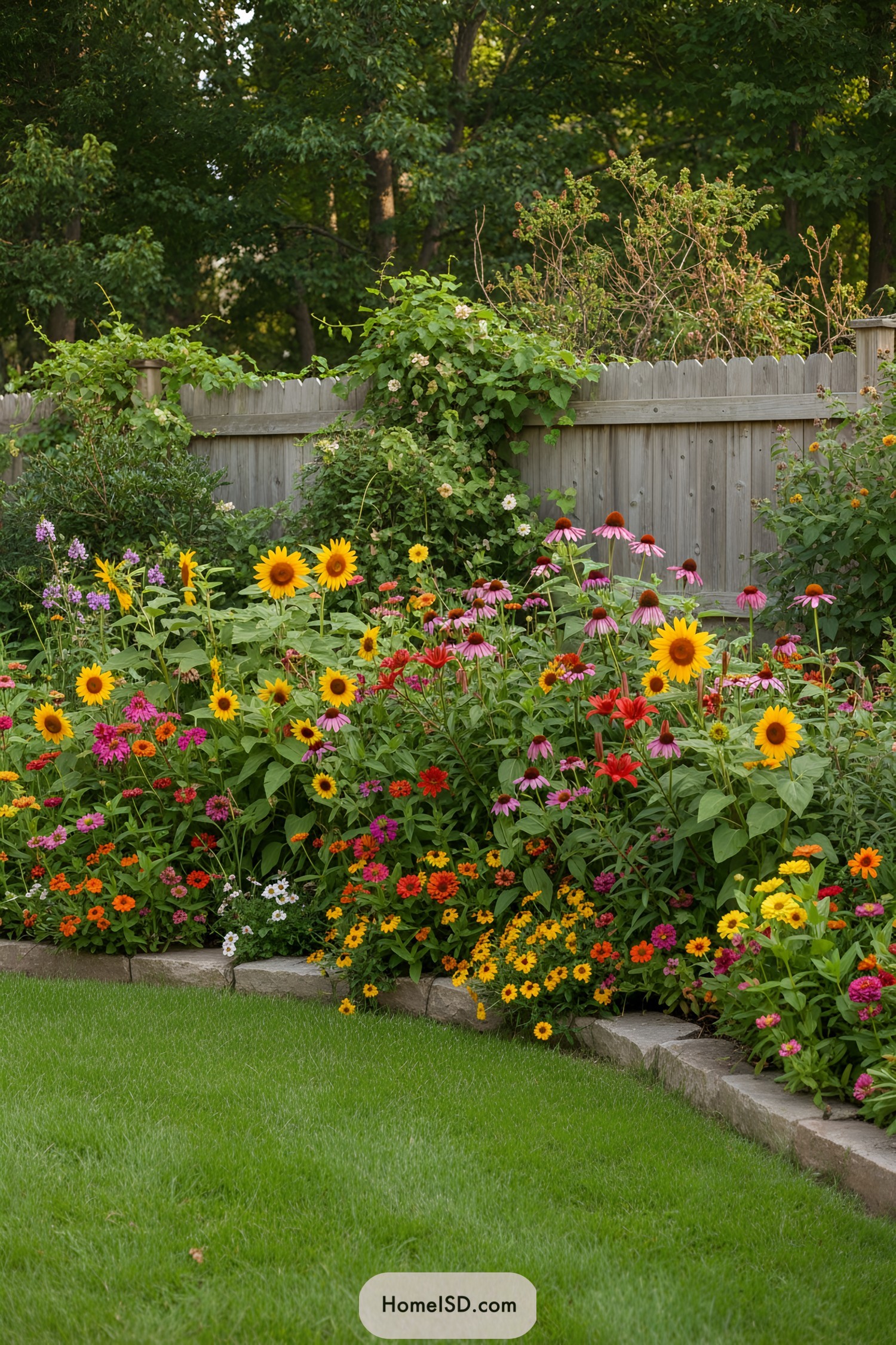 Bright and colorful flower bed with sunflowers and coneflowers near a wooden fence