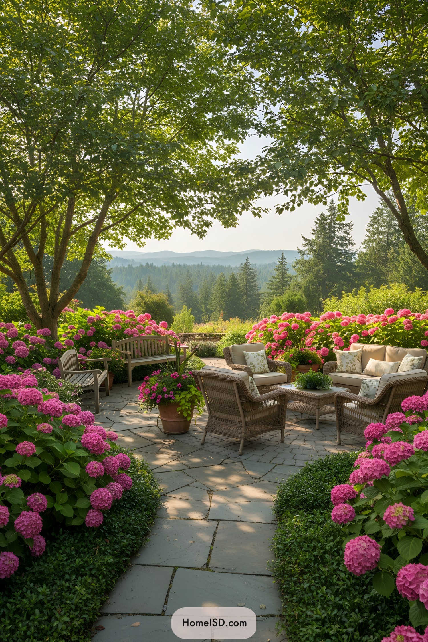 Outdoor seating area surrounded by hydrangeas and trees
