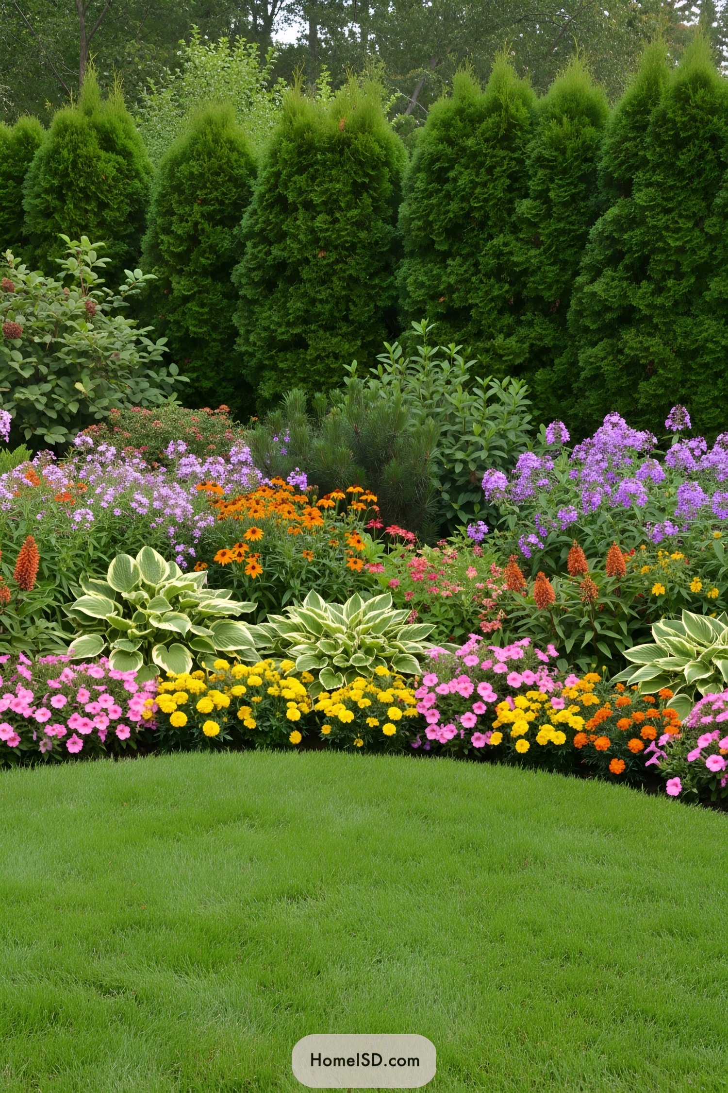 Vibrant backyard flower garden with lush greenery