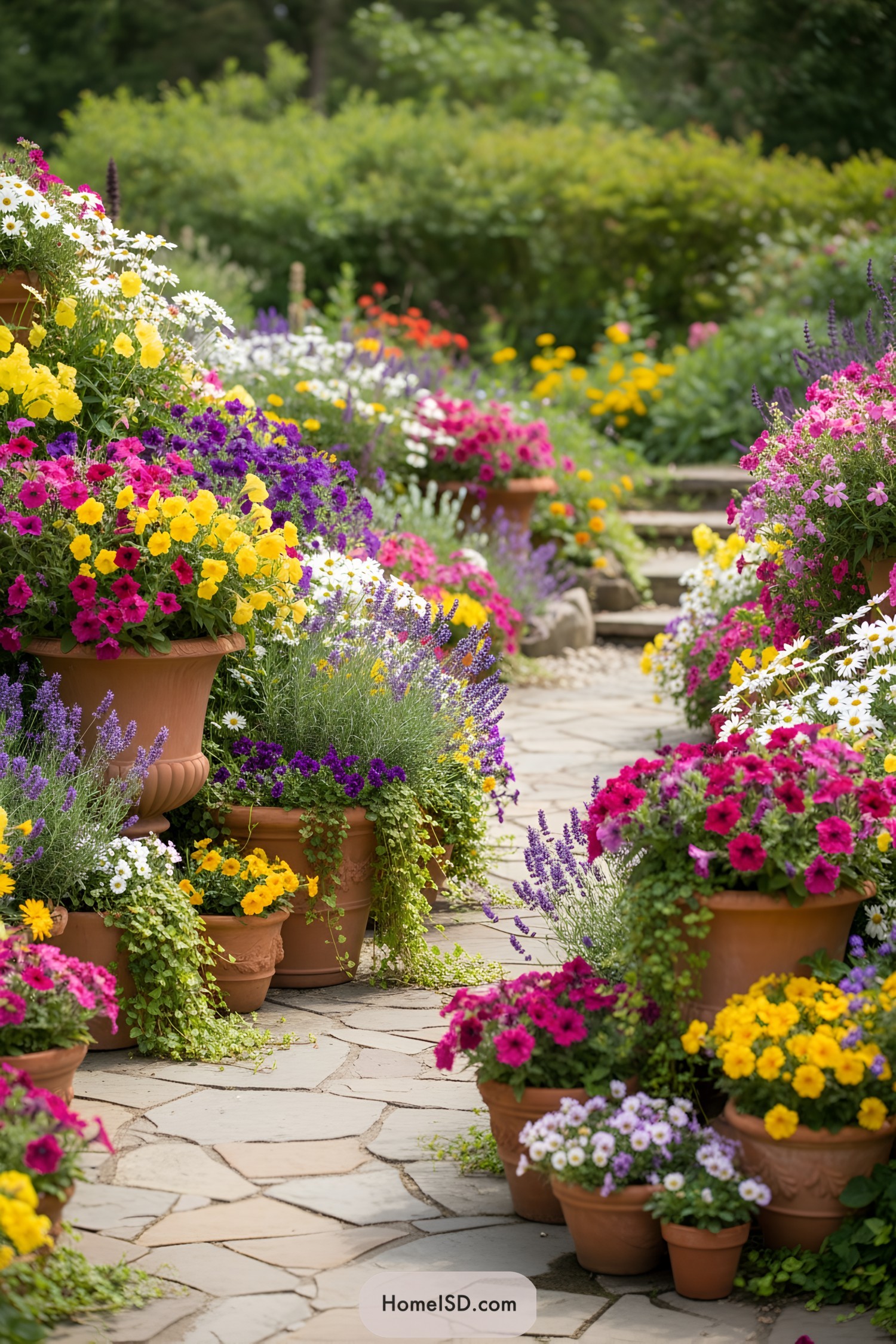 Pots overflowing with colorful flowers line a stone pathway