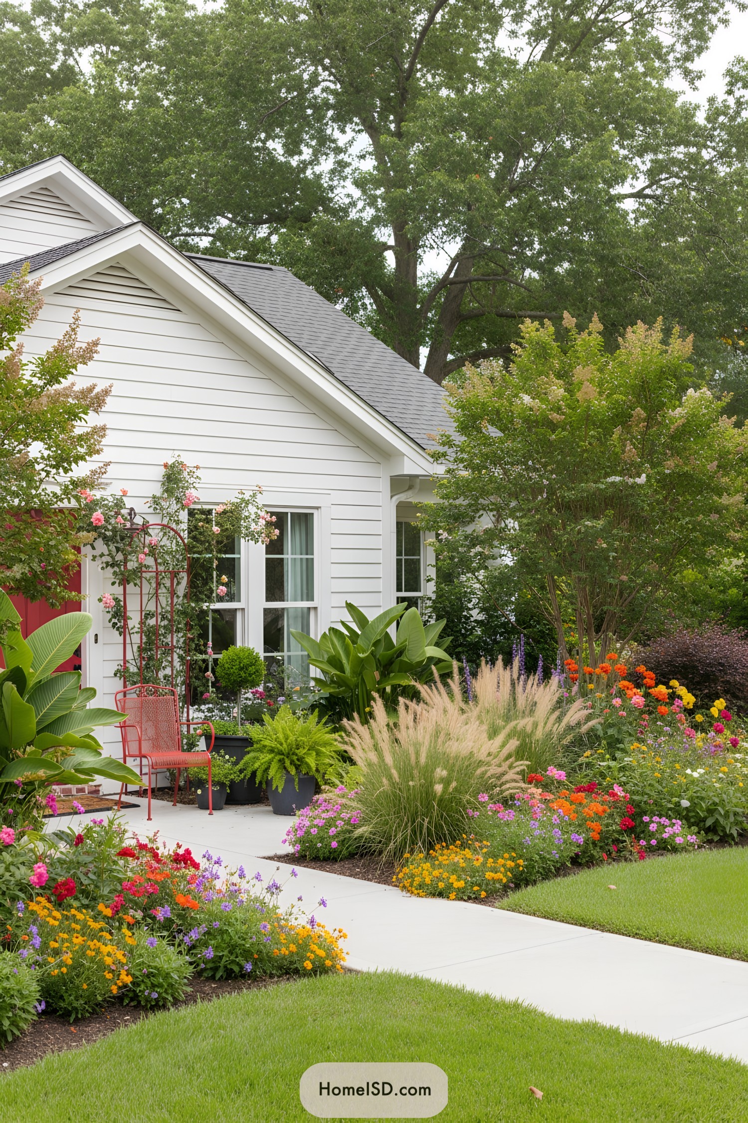 White house entrance with colorful flowers and red accents