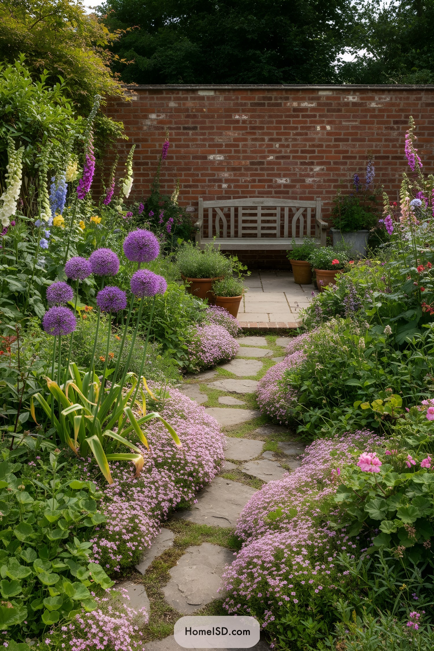 Garden pathway leading to a wooden bench with vibrant flowers