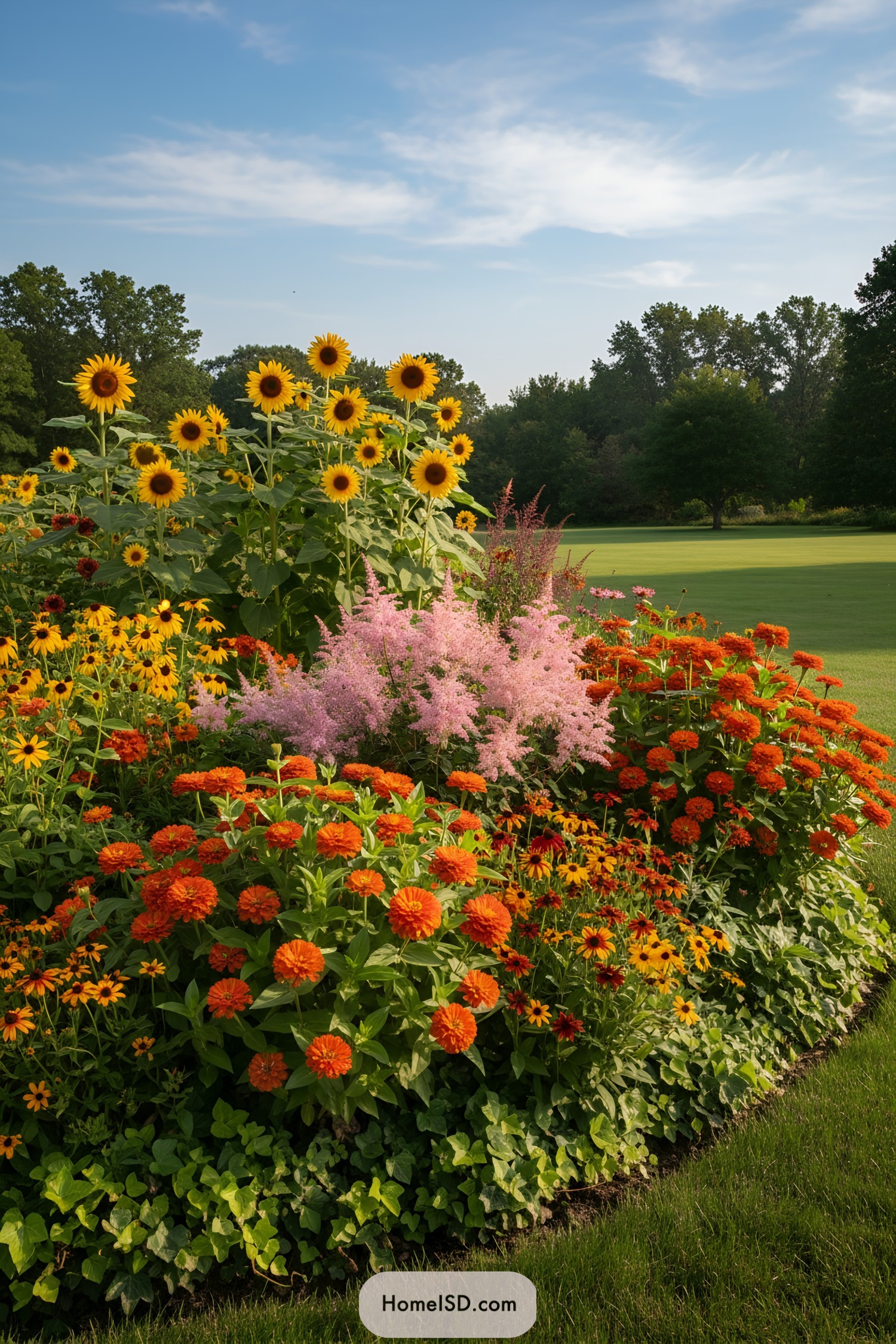 Colorful garden with sunflowers and vibrant flowers
