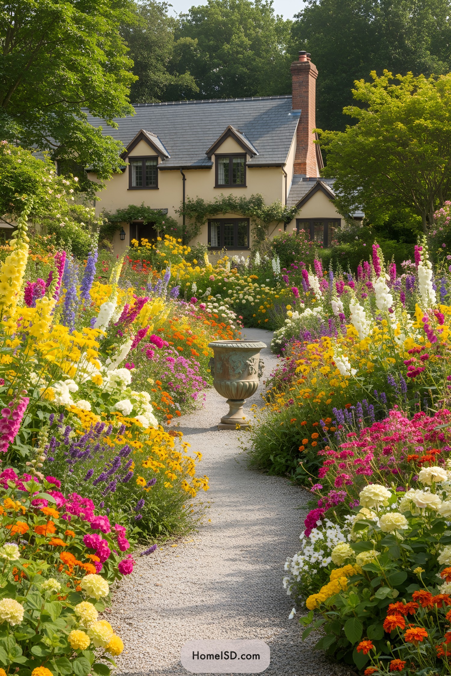A garden path lined with vibrant flowers leading to a charming cottage