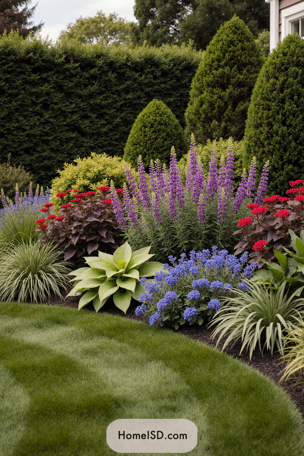 Vibrant garden with diverse plants and colorful blooms