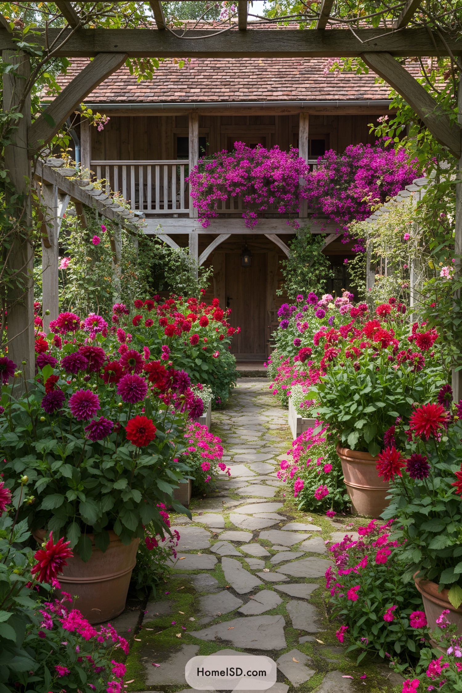 Vibrant dahlias line a charming garden path
