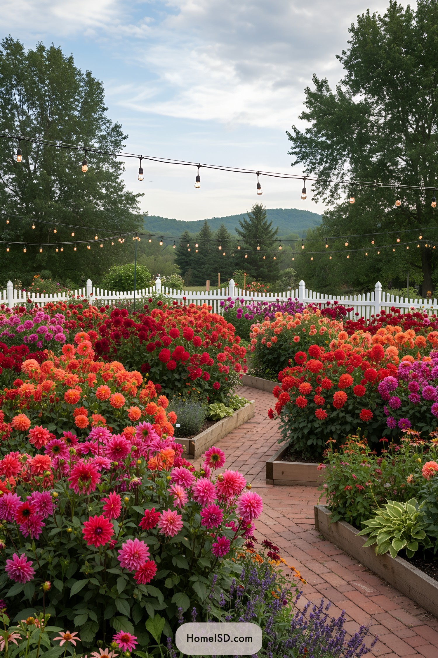 Vibrant dahlias in a garden under string lights