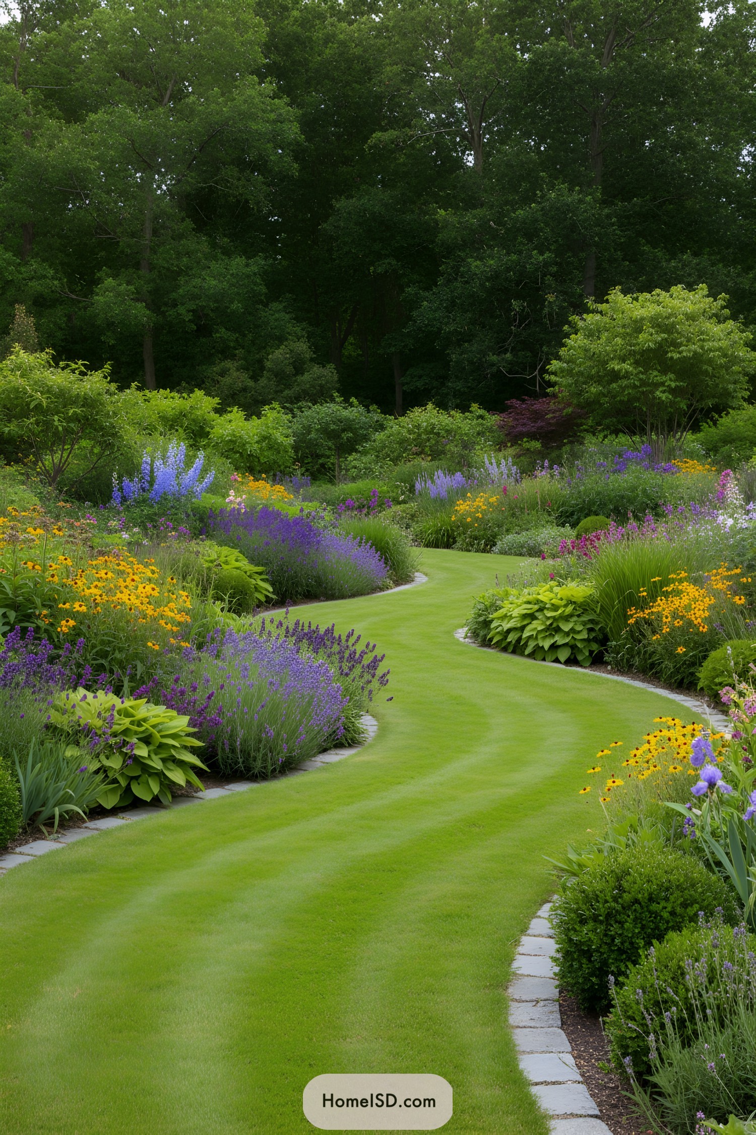 Serene garden path lined with colorful flowers