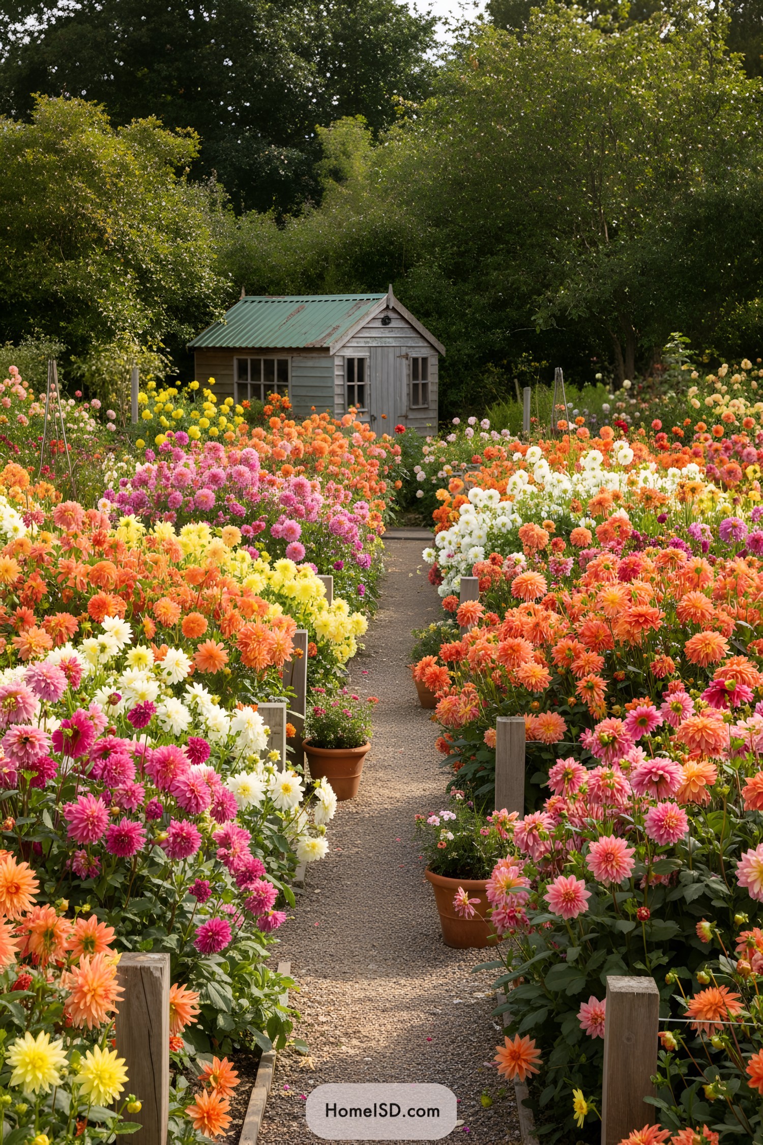 Diverse dahlia garden with a small wooden shed