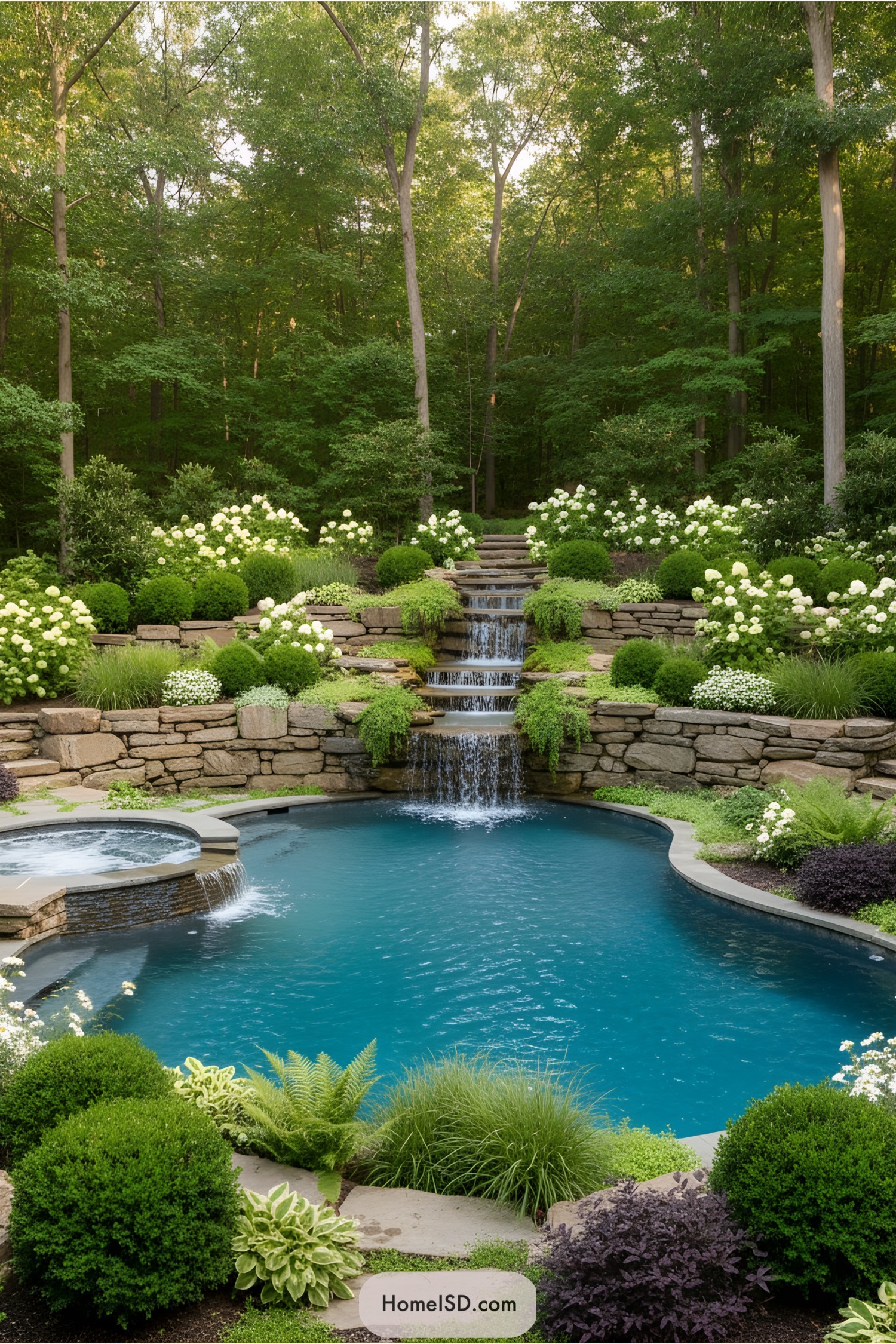 Garden with pool, waterfall, and lush greenery