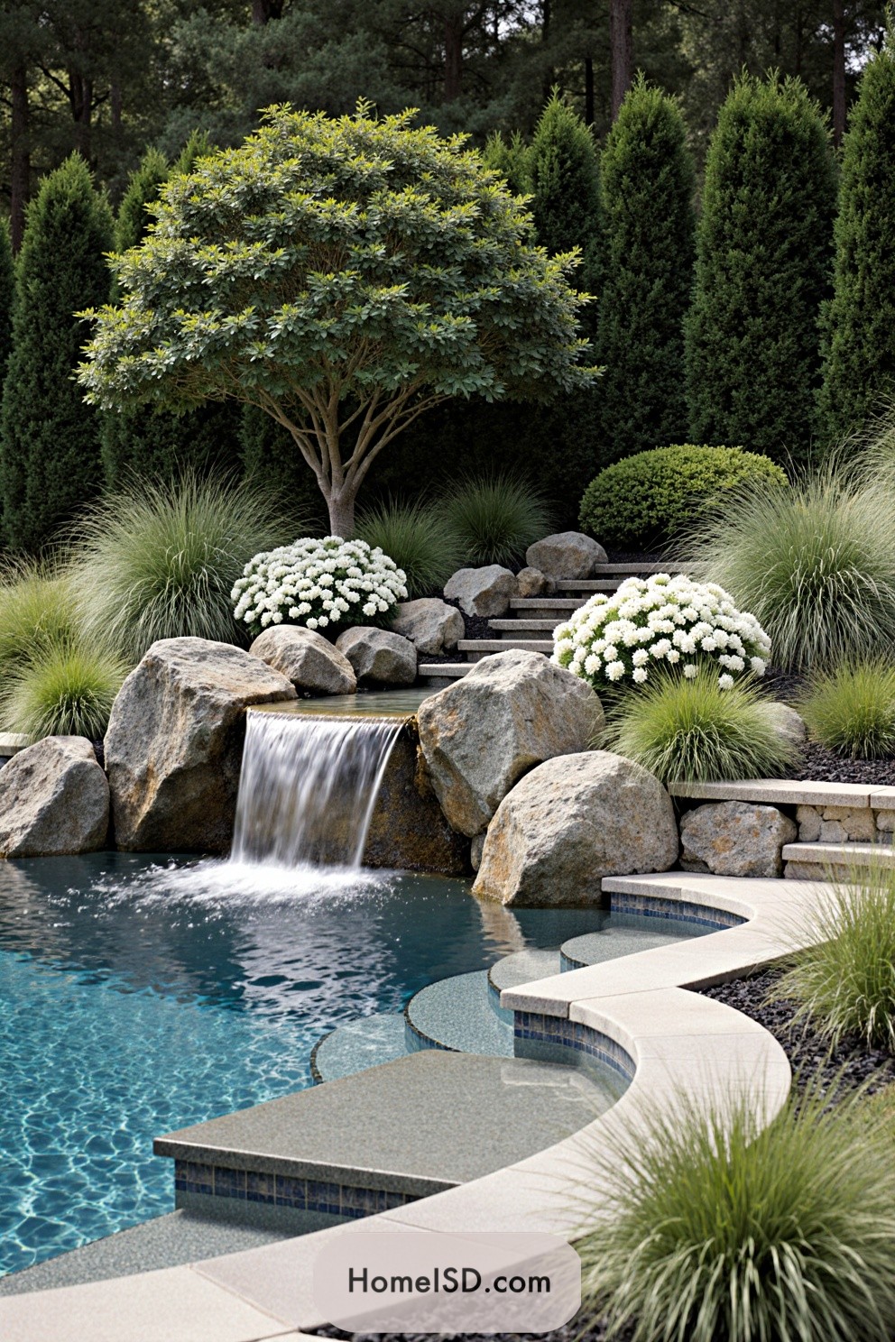 Lush garden with small waterfall and pool