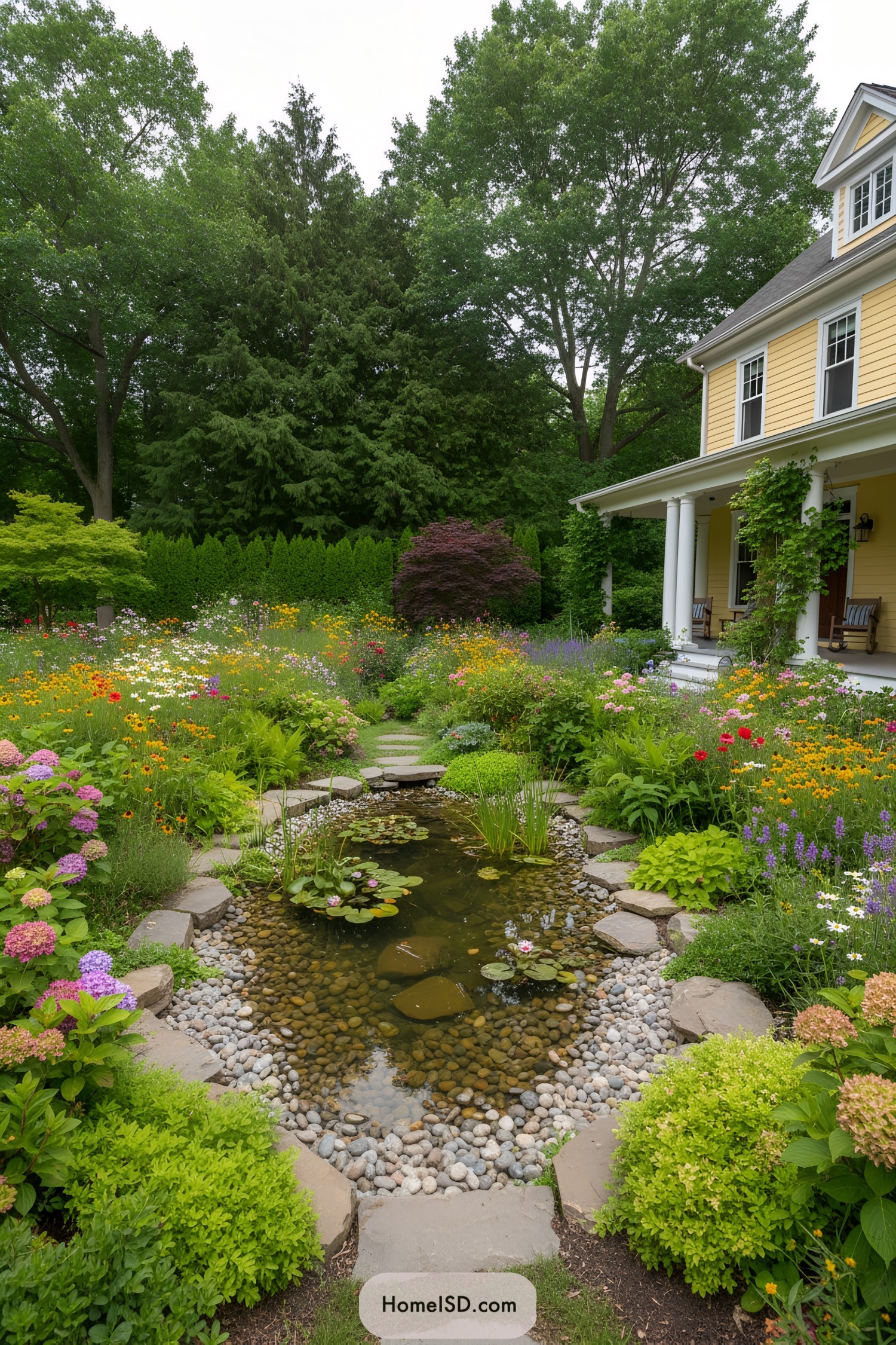 Lush garden landscape design with a naturalistic pond bordered by smooth rocks, dense diverse perennial plantings, and flowering shrubs. Tall evergreens create a privacy hedge in the background, complemented by mature shade trees and vibrant meadow-style flower beds. A traditional yellow house with a wide porch and white columns stands adjacent, with vine-covered supports. The scene is tranquil and green, emphasizing a harmonious blend of water features, foliage, and classic architecture.