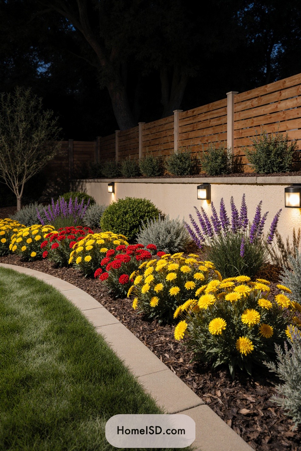 Colorful garden with flowers and lights