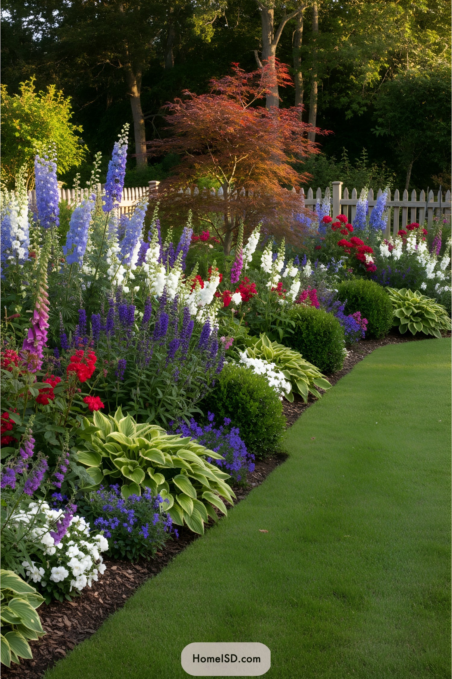 Colorful garden with various flowers, bushes, and a wooden fence