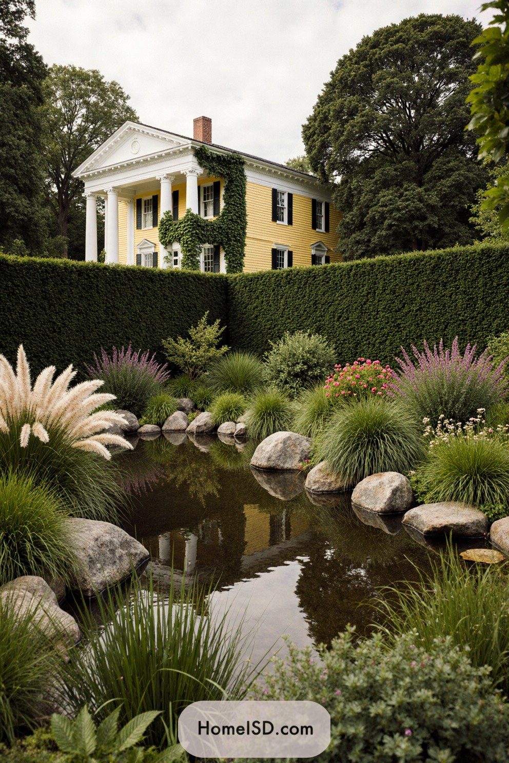 Lush garden with pond, ivy-covered house in the background