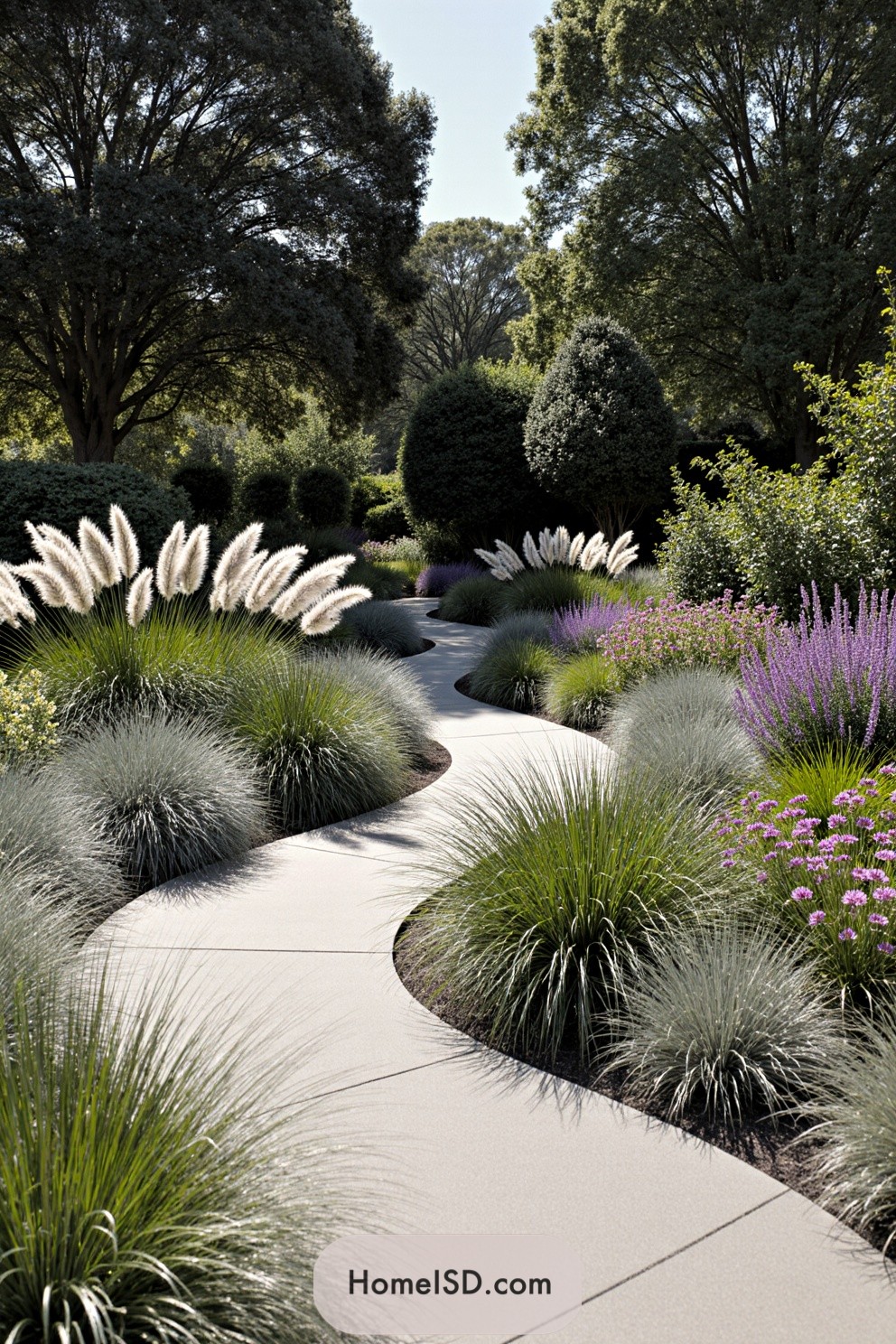 Curving pathway amidst lush greenery and flowers