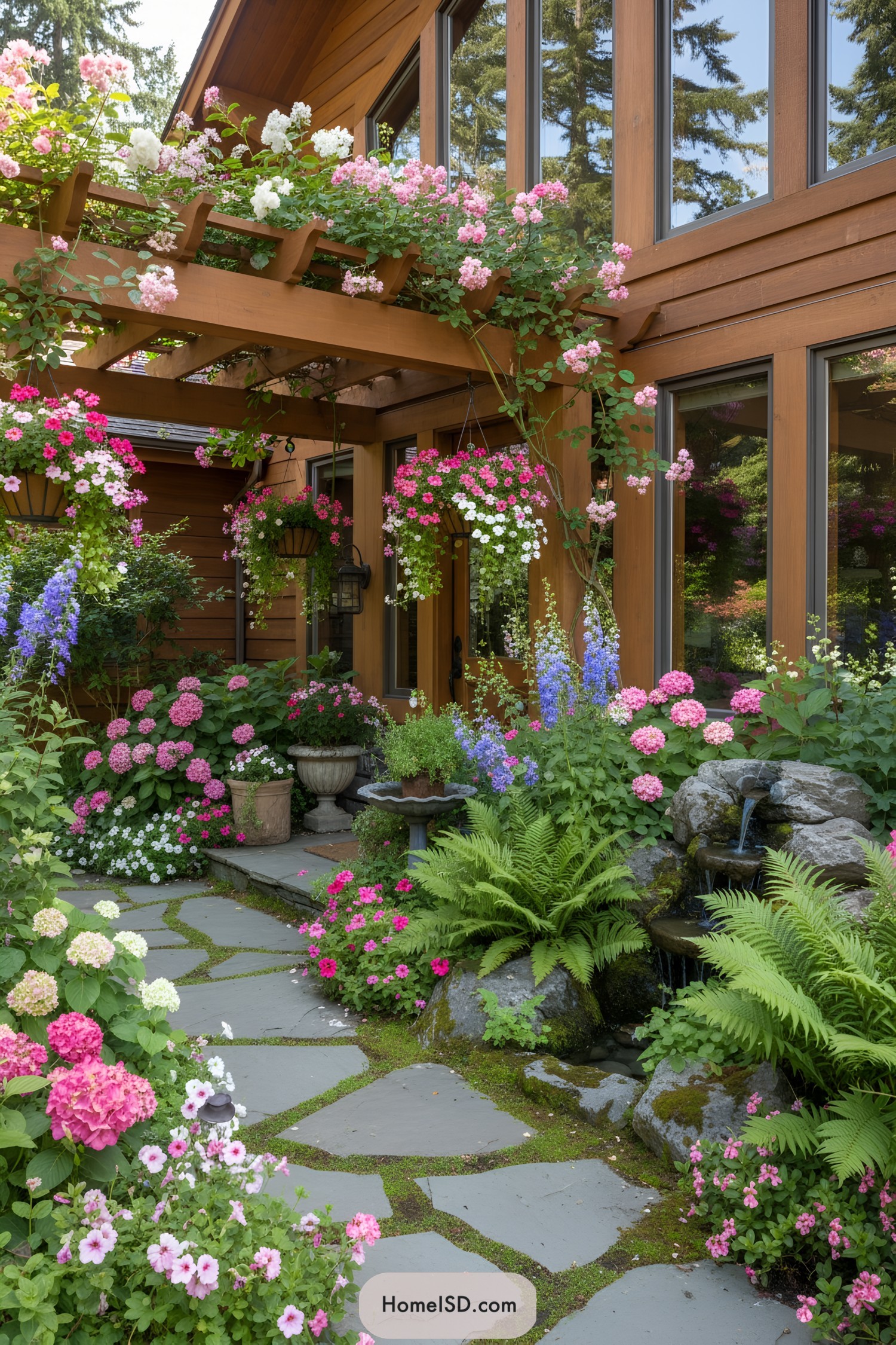 Lush entrance with vibrant hanging flowers