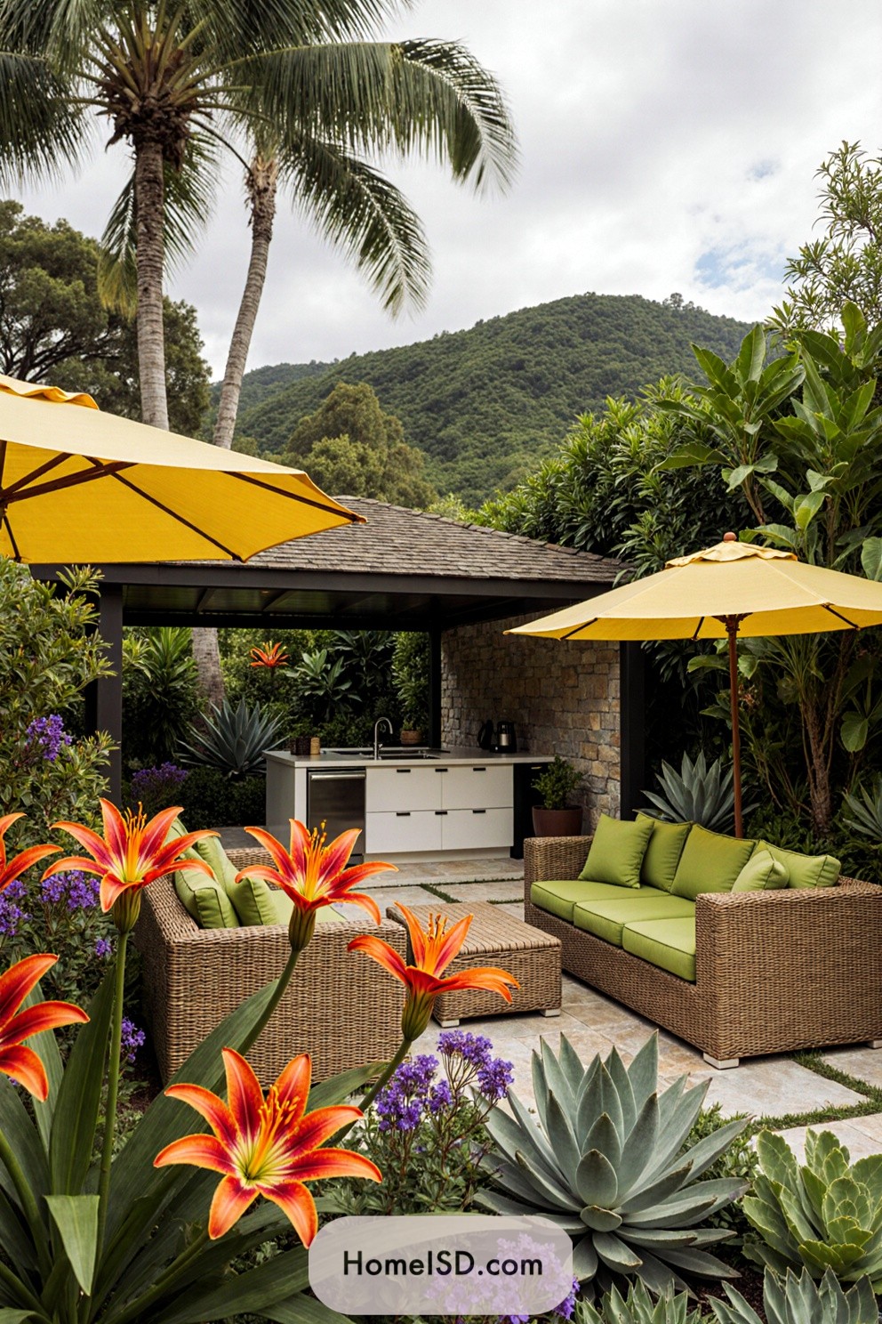 Cozy outdoor patio with lush tropical plants and vibrant flowers