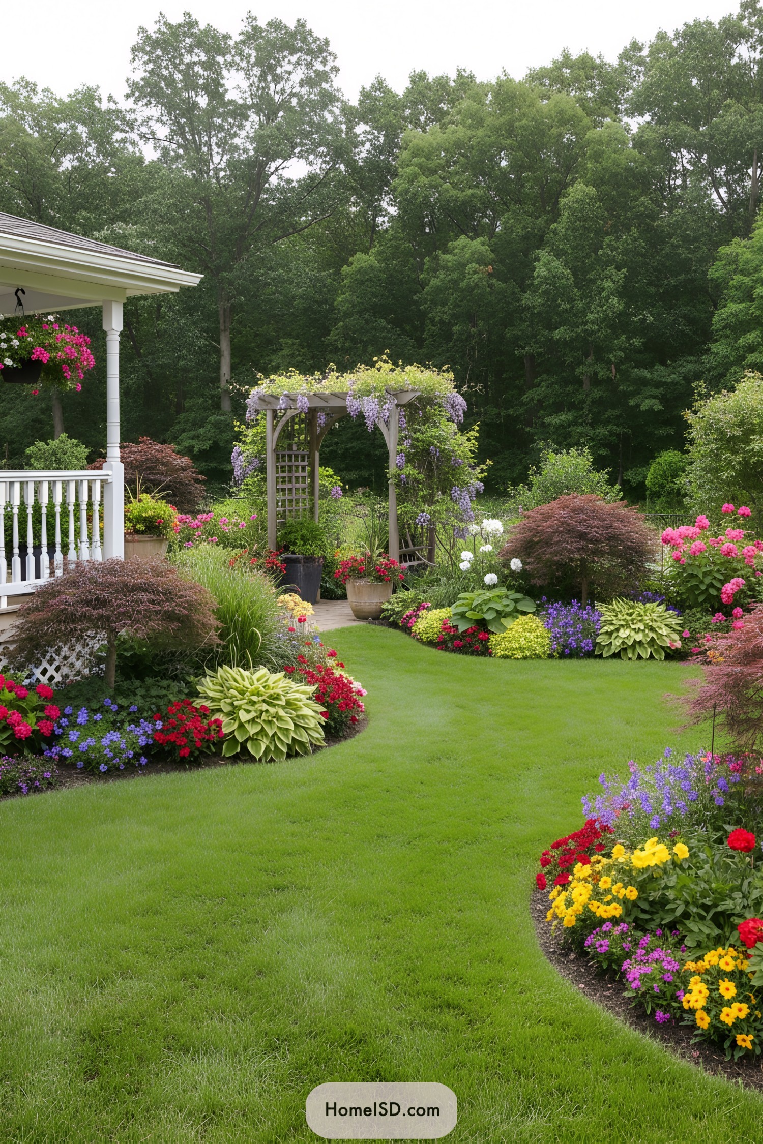 A vibrant garden with a flower-lined path and curved arbor