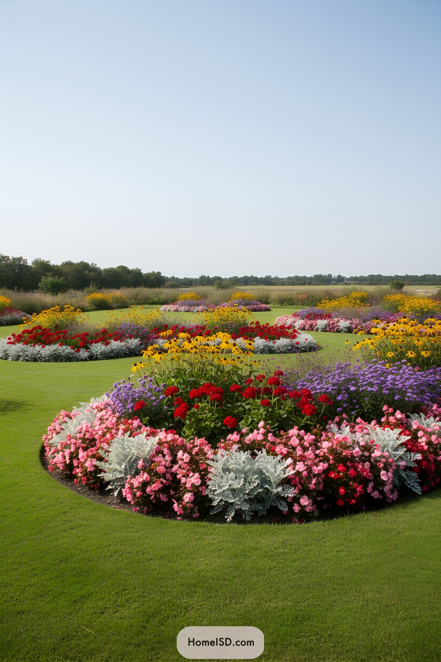 Colorful flower beds on a lush green lawn