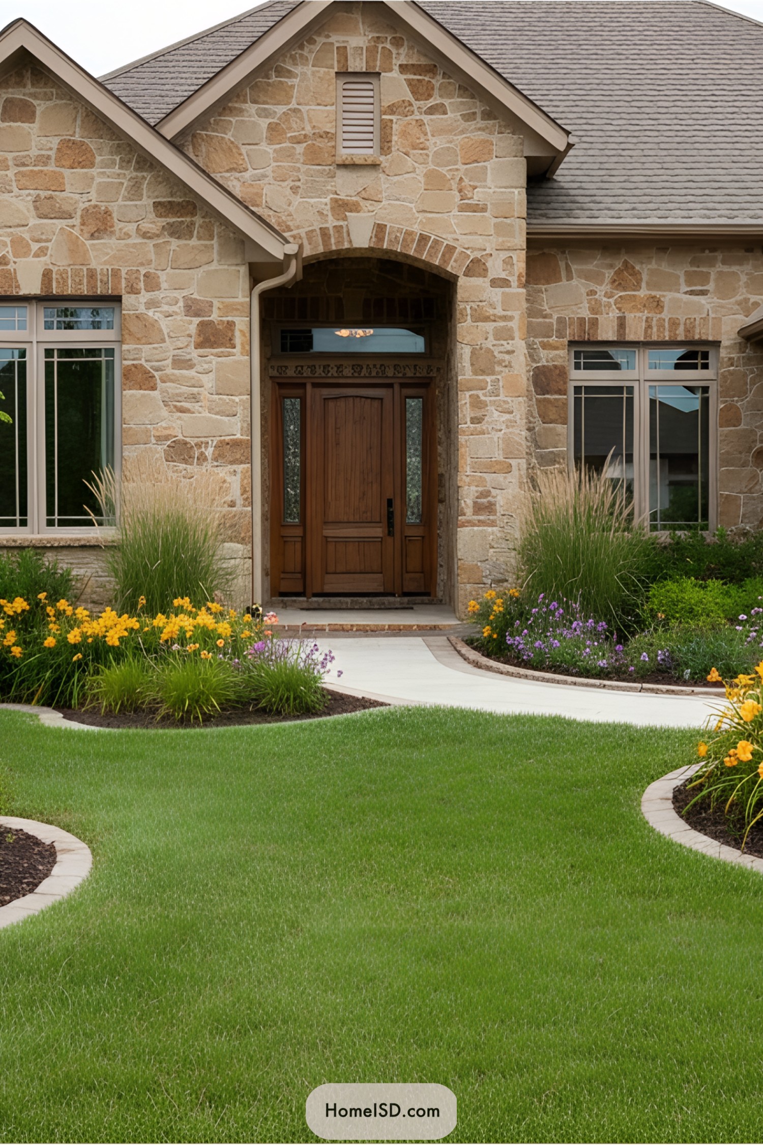 Charming stone house entrance with vibrant garden