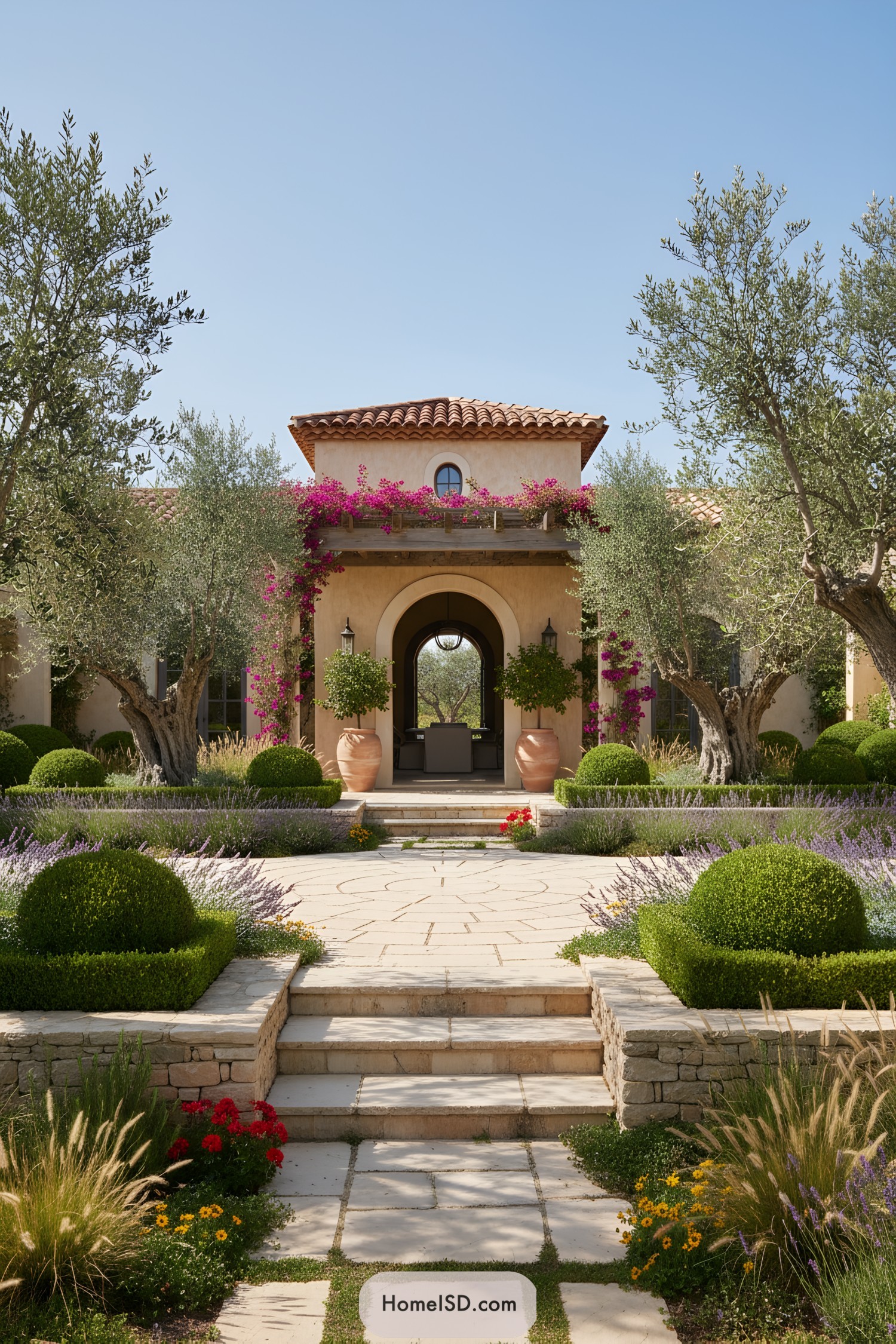 Mediterranean courtyard entrance with pink flowers
