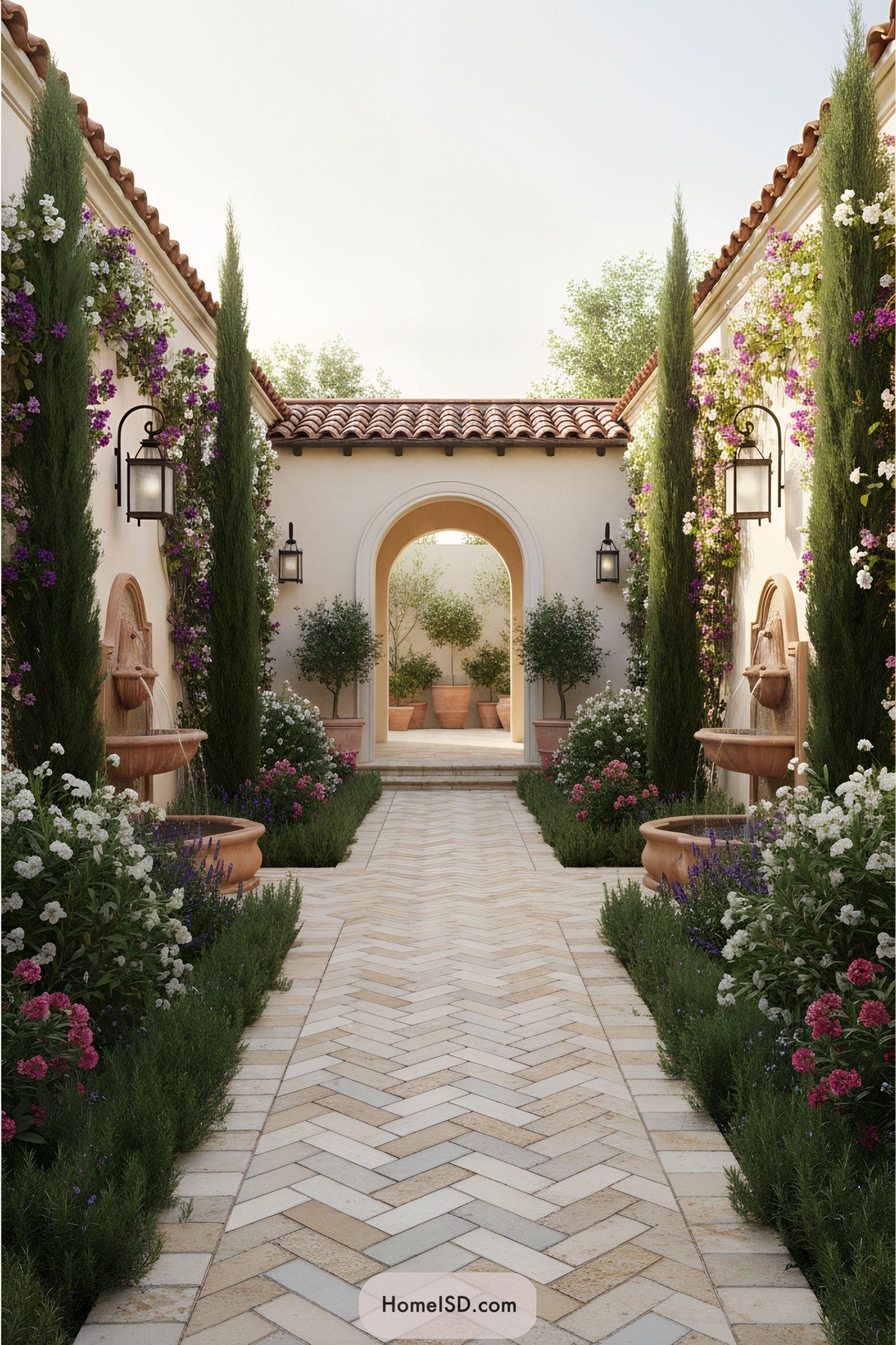 Charming courtyard with cypress trees and flower-adorned walls