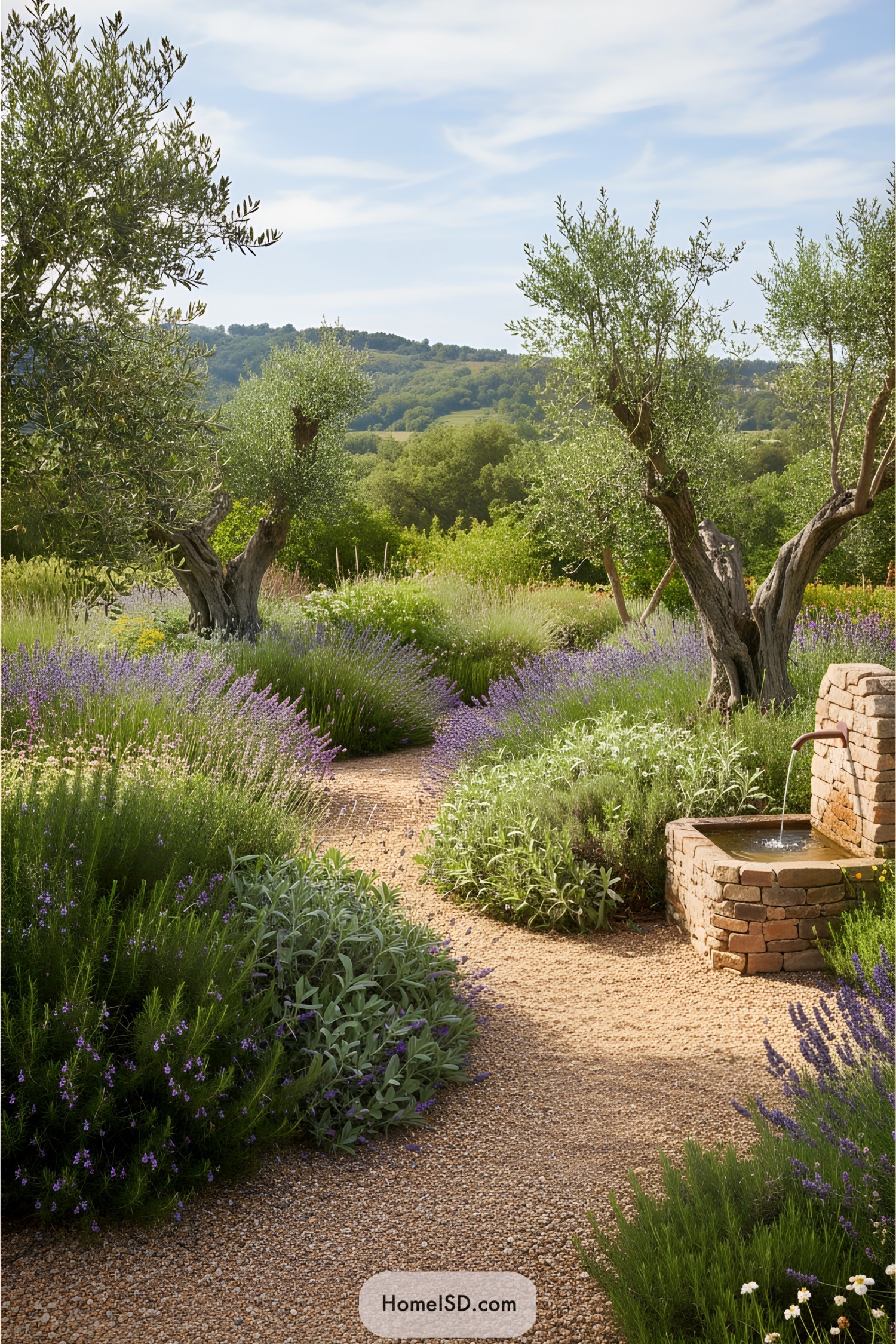 A serene Mediterranean garden path with lavender and olive trees