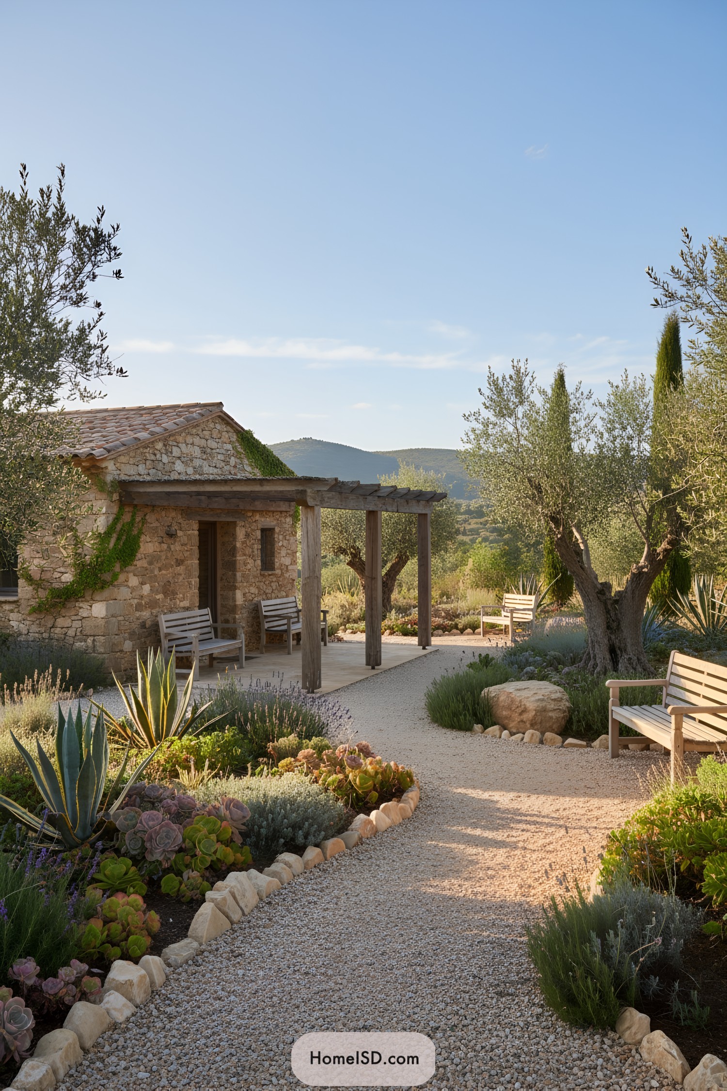 Stone house with pergola and Mediterranean garden