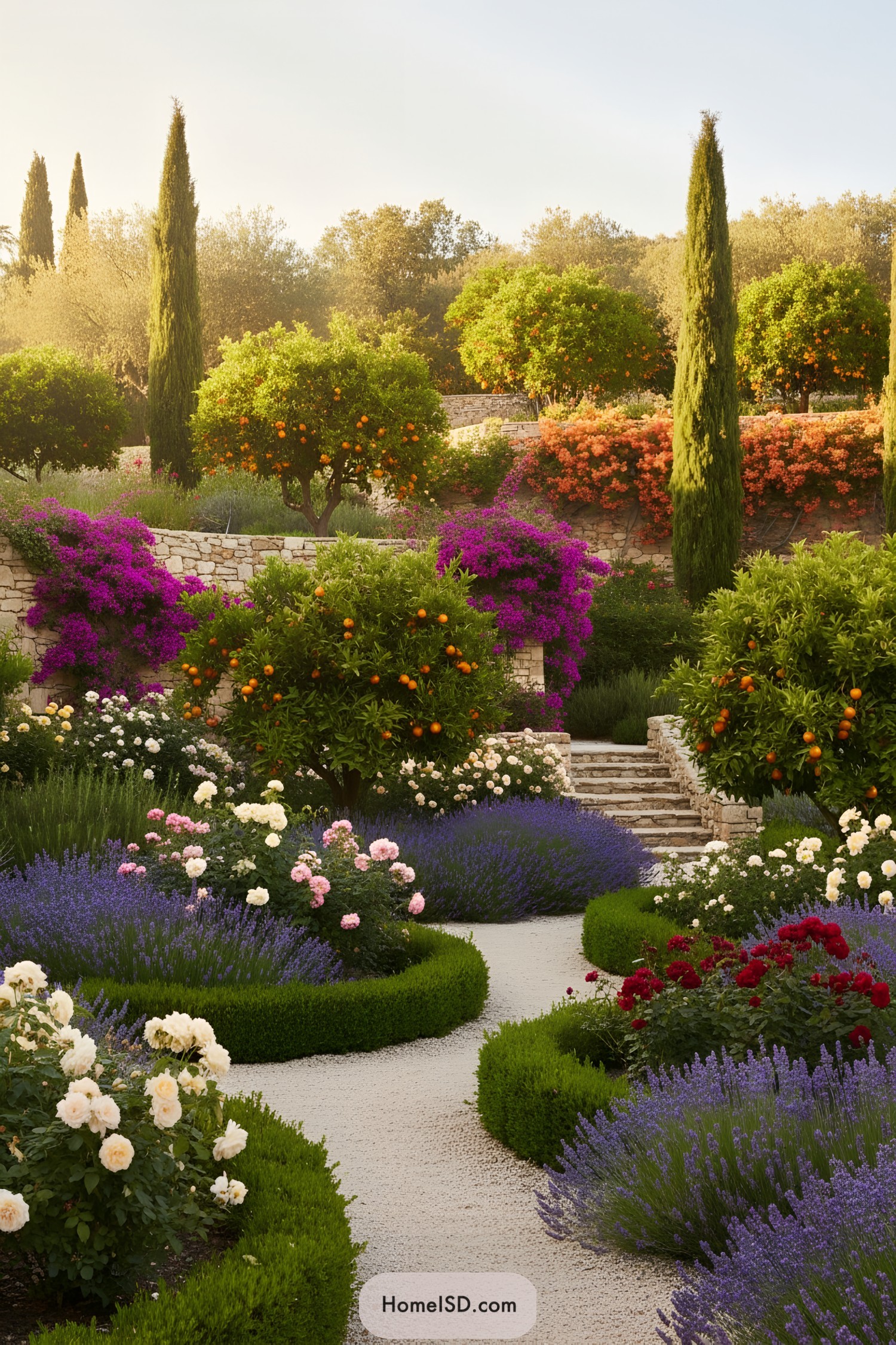 Lush garden with vibrant flowers and fruit trees