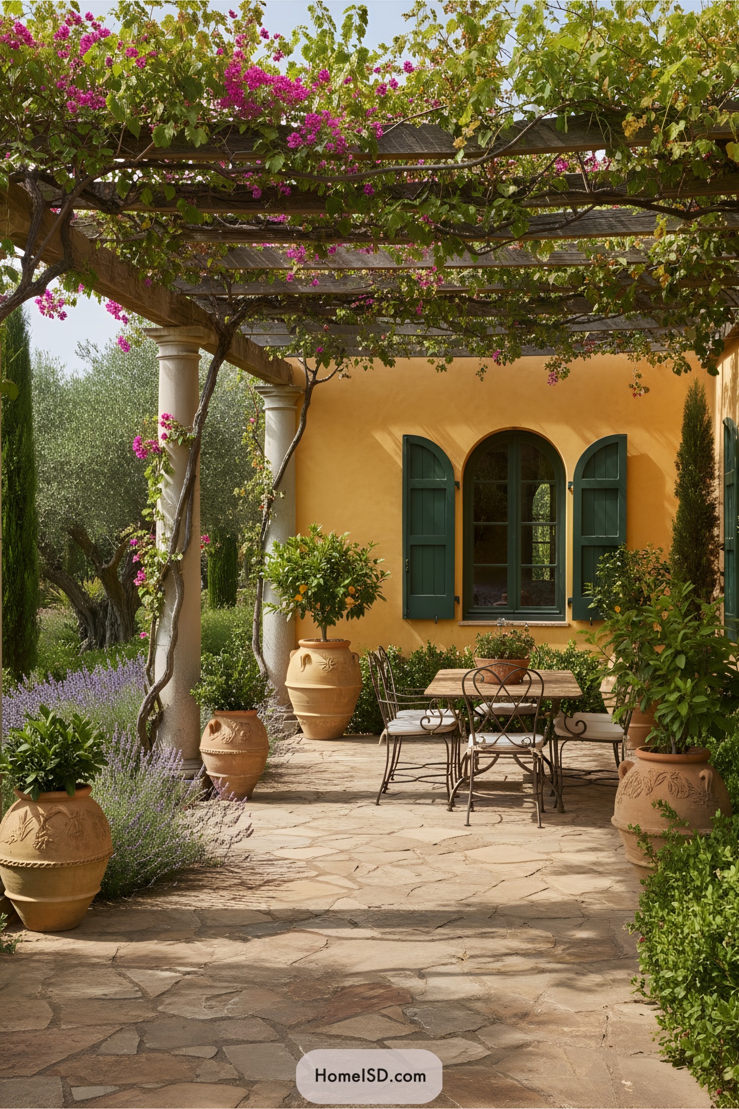 Sunny courtyard with a vine-covered pergola and potted plants