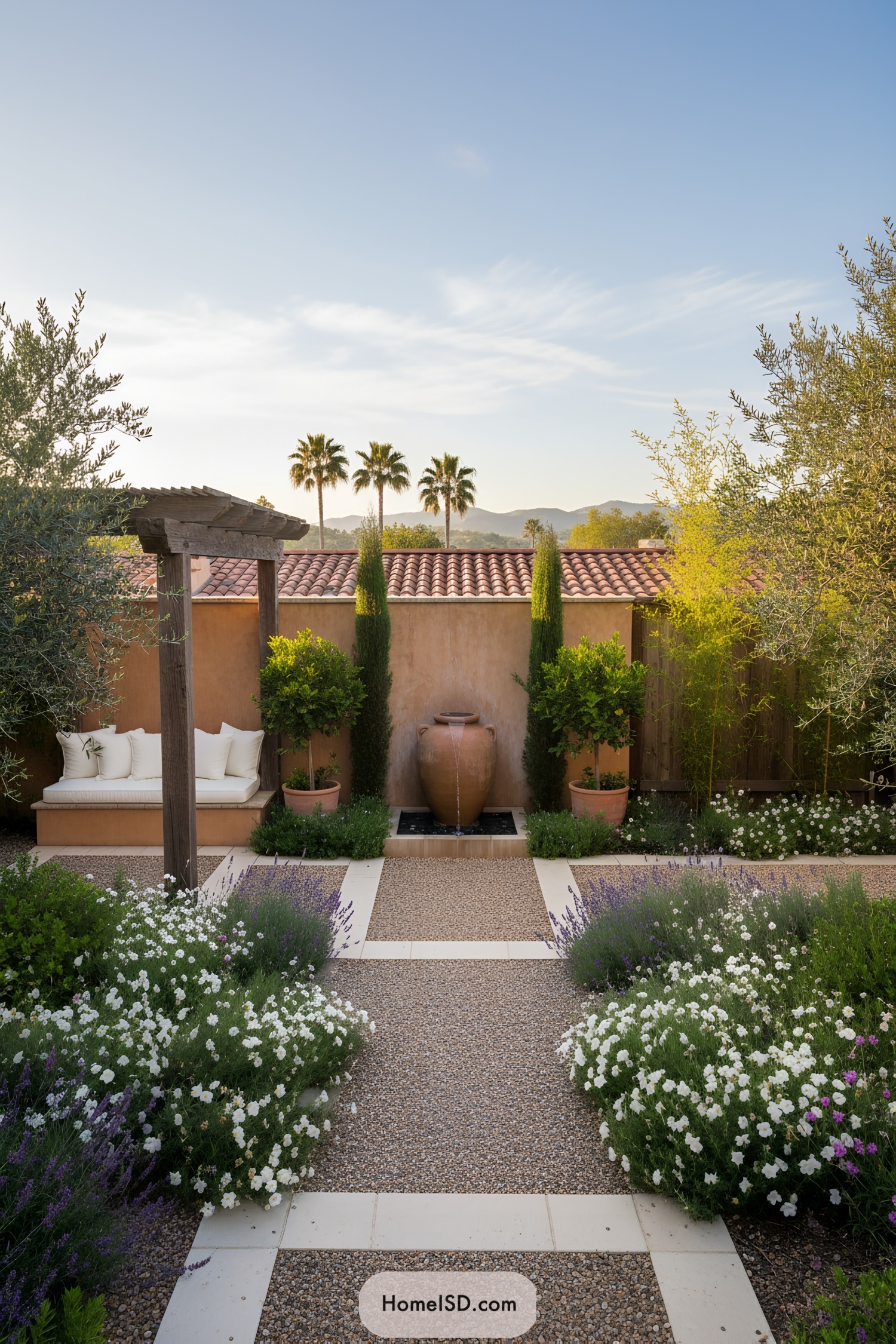 Sun-drenched garden with fountain and seating area