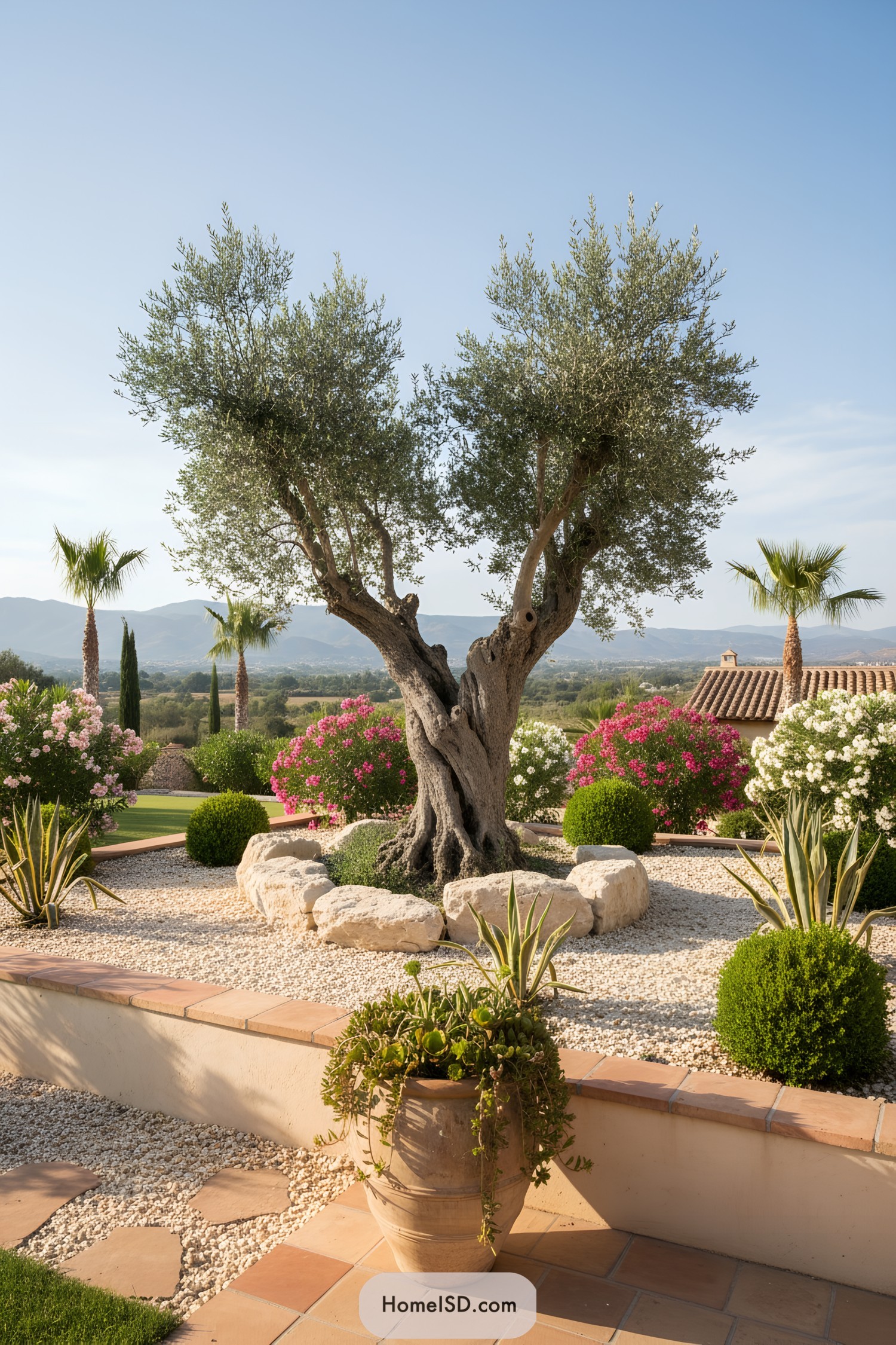 Stone-lined garden with olive tree and blooming bushes